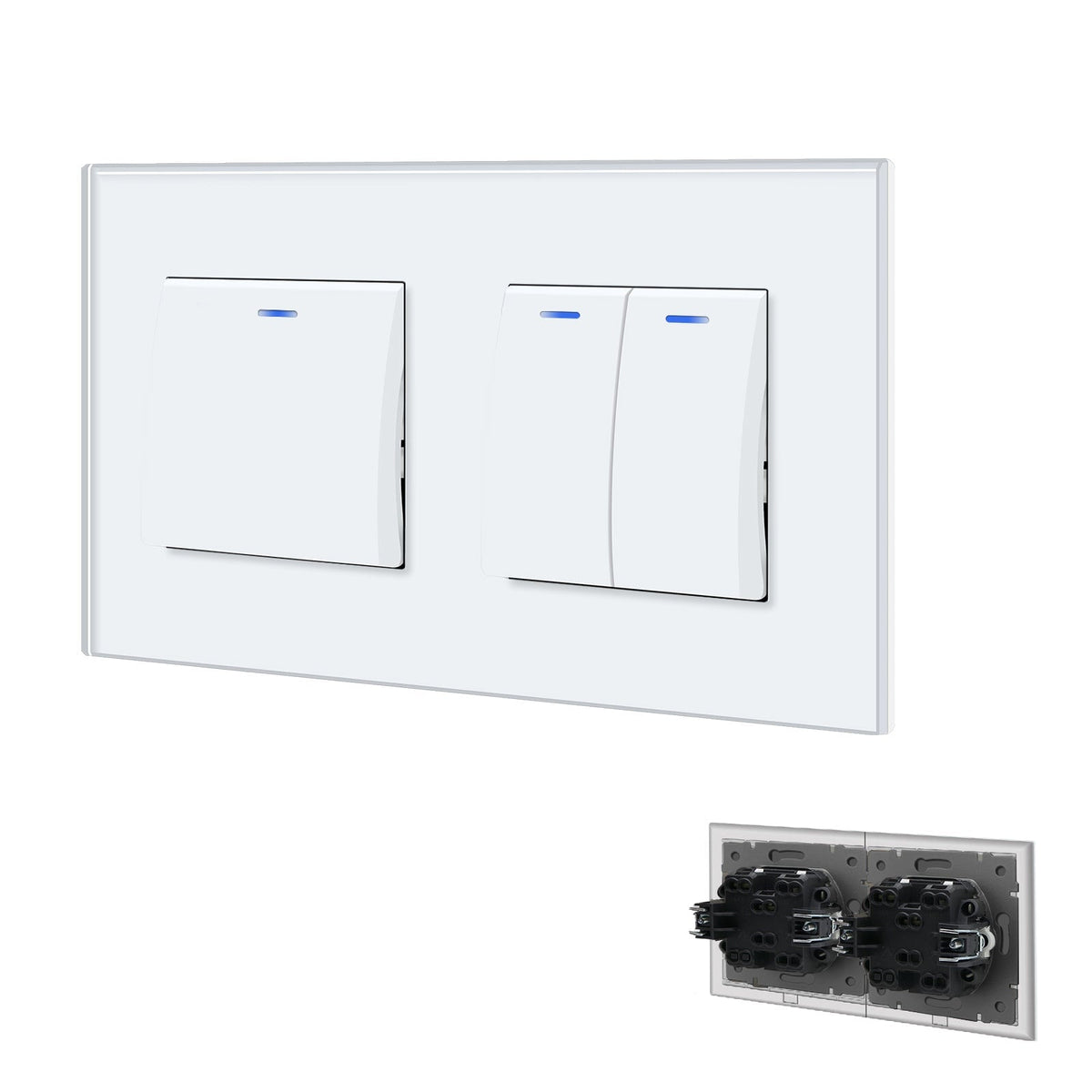 Bseed Double Button Light Switch with clamping Glass Panel White switch with LED Light Switches Bseedswitch White 1 Gang+2Gang 1 Way