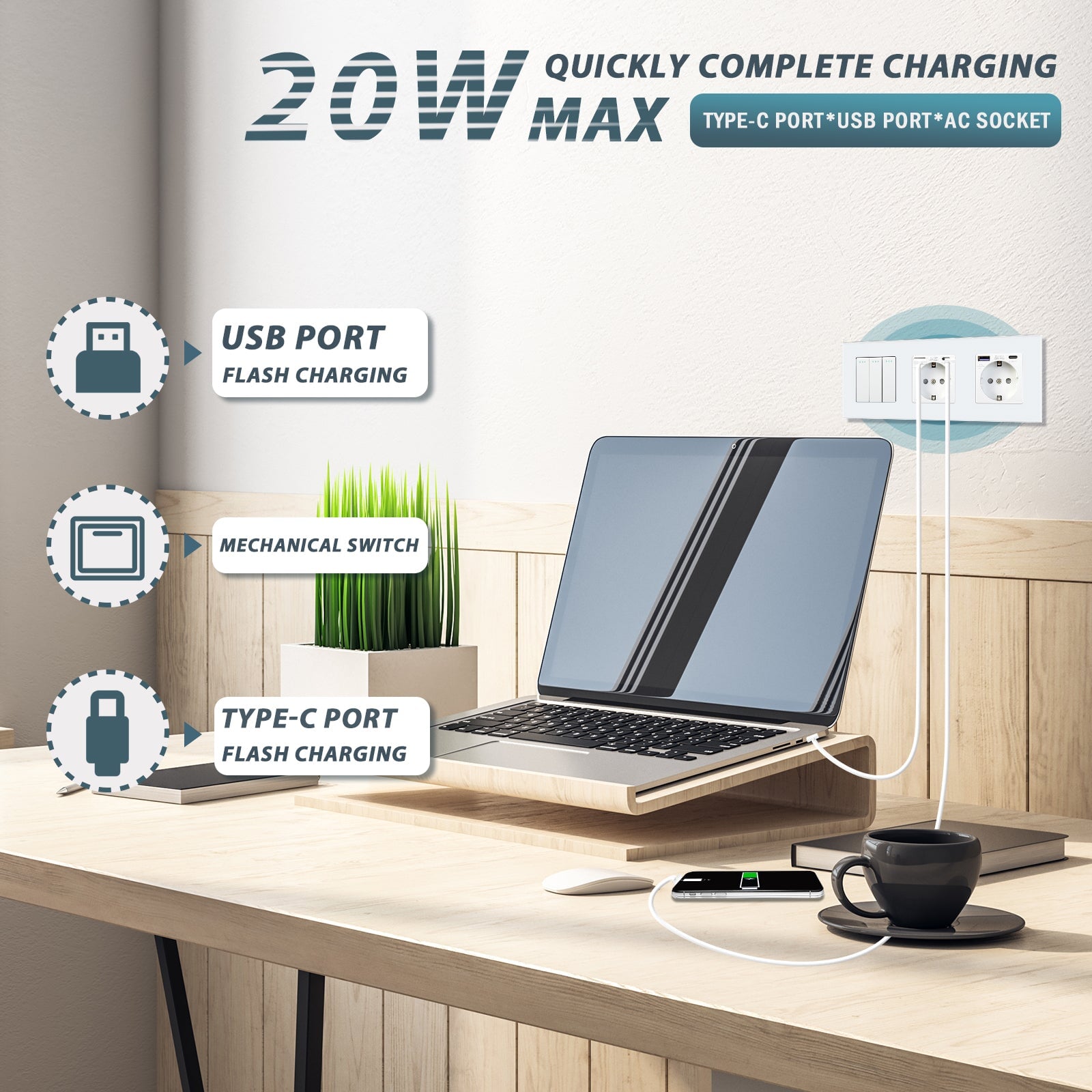 BSEED 1/2/3 Gang 1/2 Way Light Switch With Normal Eu Socket With fast charge USB-c Power Outlets & Sockets Bseedswitch 