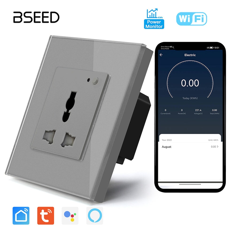 BSEED Smart WiFi Multi-Function Wall Sockets with Energy monitoring Bseedswitch Grey Signle 