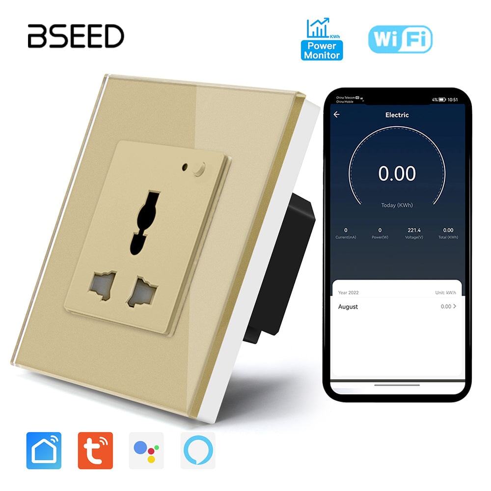 BSEED Smart WiFi Multi-Function Wall Sockets with Energy monitoring Bseedswitch Golden Signle 