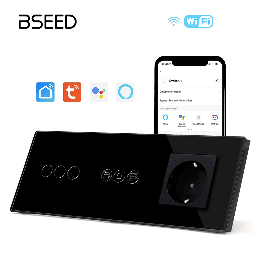 WiFi light switch with roller switch with normal eu socket Light Switches Bseedswitch Black 3Gang+shutter switch+eo socket 