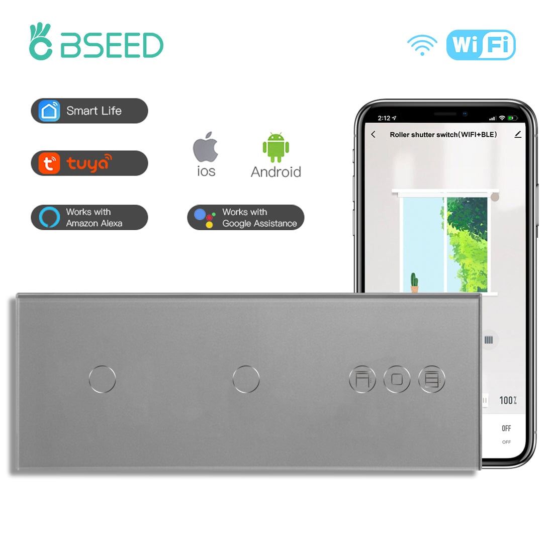 BSEED Double 1Gang WiFi Switch With Roller Shutter Switch 228mm 照明开关 Bseedswitch Grey 1Gang+1Gang+Shutter Switch 