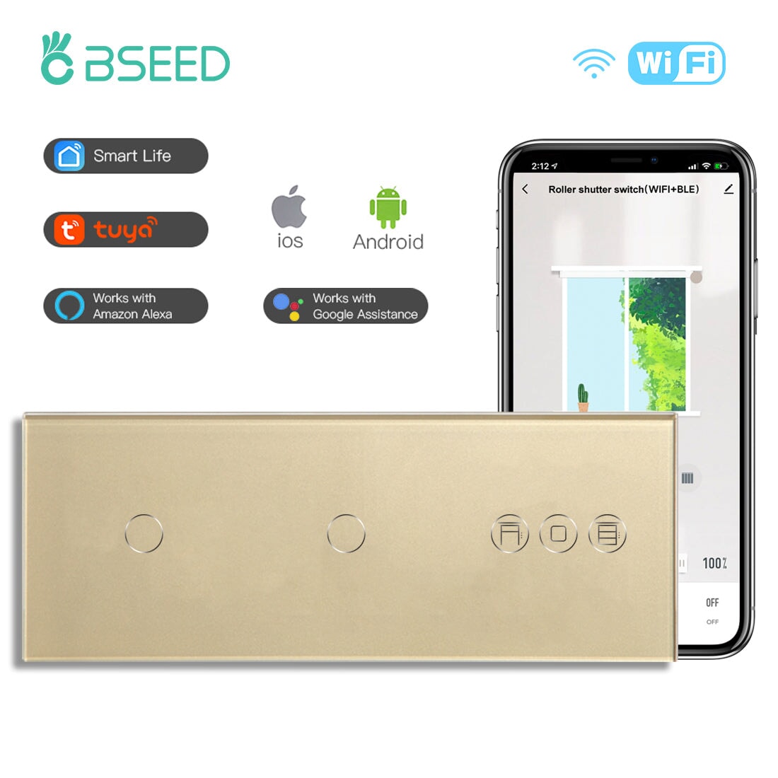 BSEED Double 1Gang WiFi Switch With Roller Shutter Switch 228mm 照明开关 Bseedswitch Golden 1Gang+1Gang+Shutter Switch 