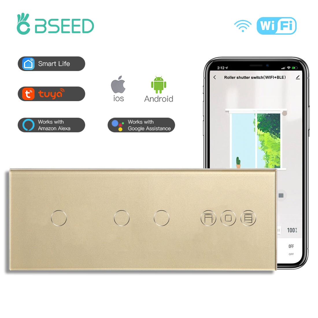 BSEED Double 1Gang WiFi Switch With Roller Shutter Switch 228mm 照明开关 Bseedswitch Golden 1Gang+2Gang+Shutter Switch 