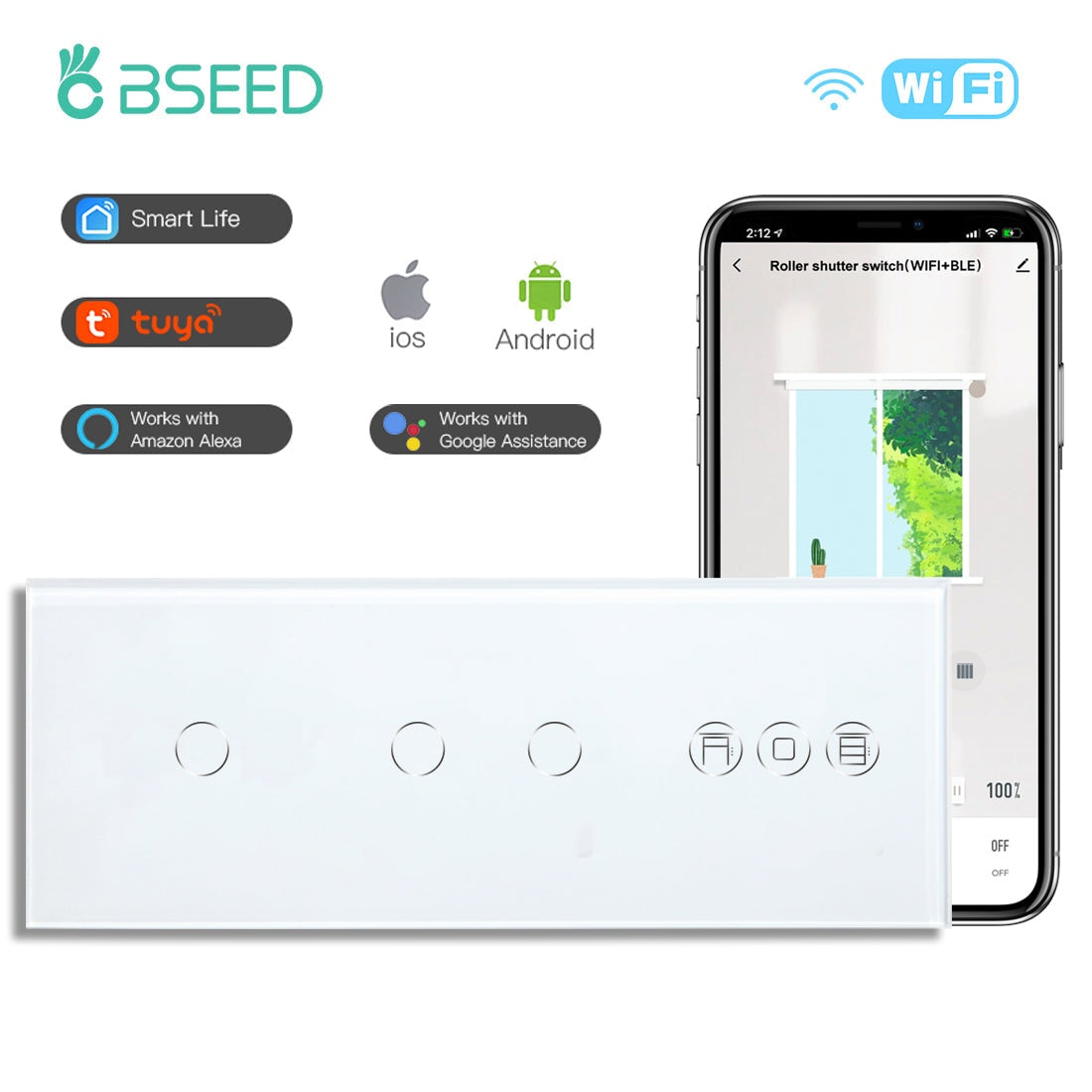 BSEED Double 1Gang WiFi Switch With Roller Shutter Switch 228mm 照明开关 Bseedswitch White 1Gang+2Gang+Shutter Switch 