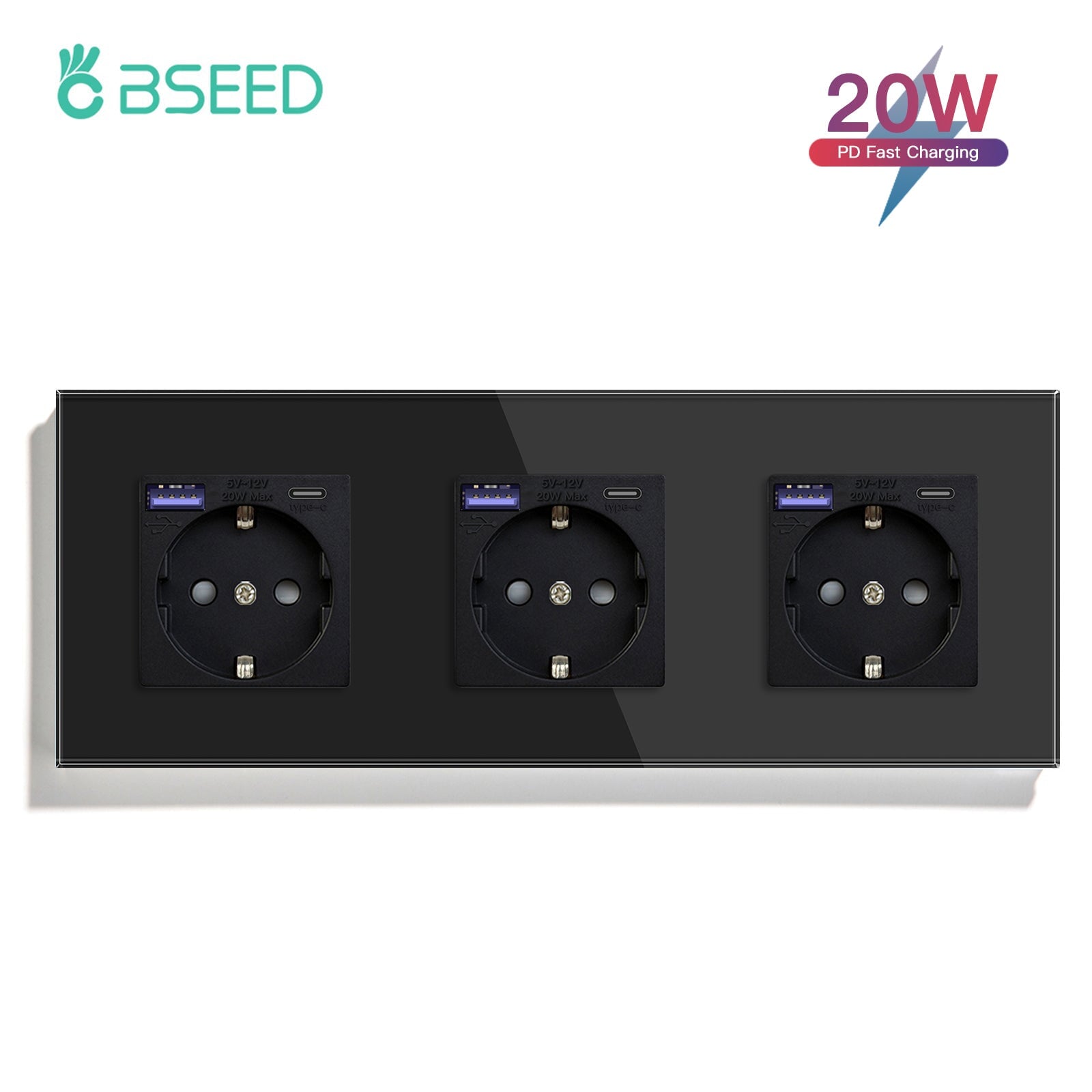 BSEED EU sockets with 20W PD Fast Charge Type-C Interface Outlet Wall Socket Power Outlets & Sockets Bseedswitch Black Triple 
