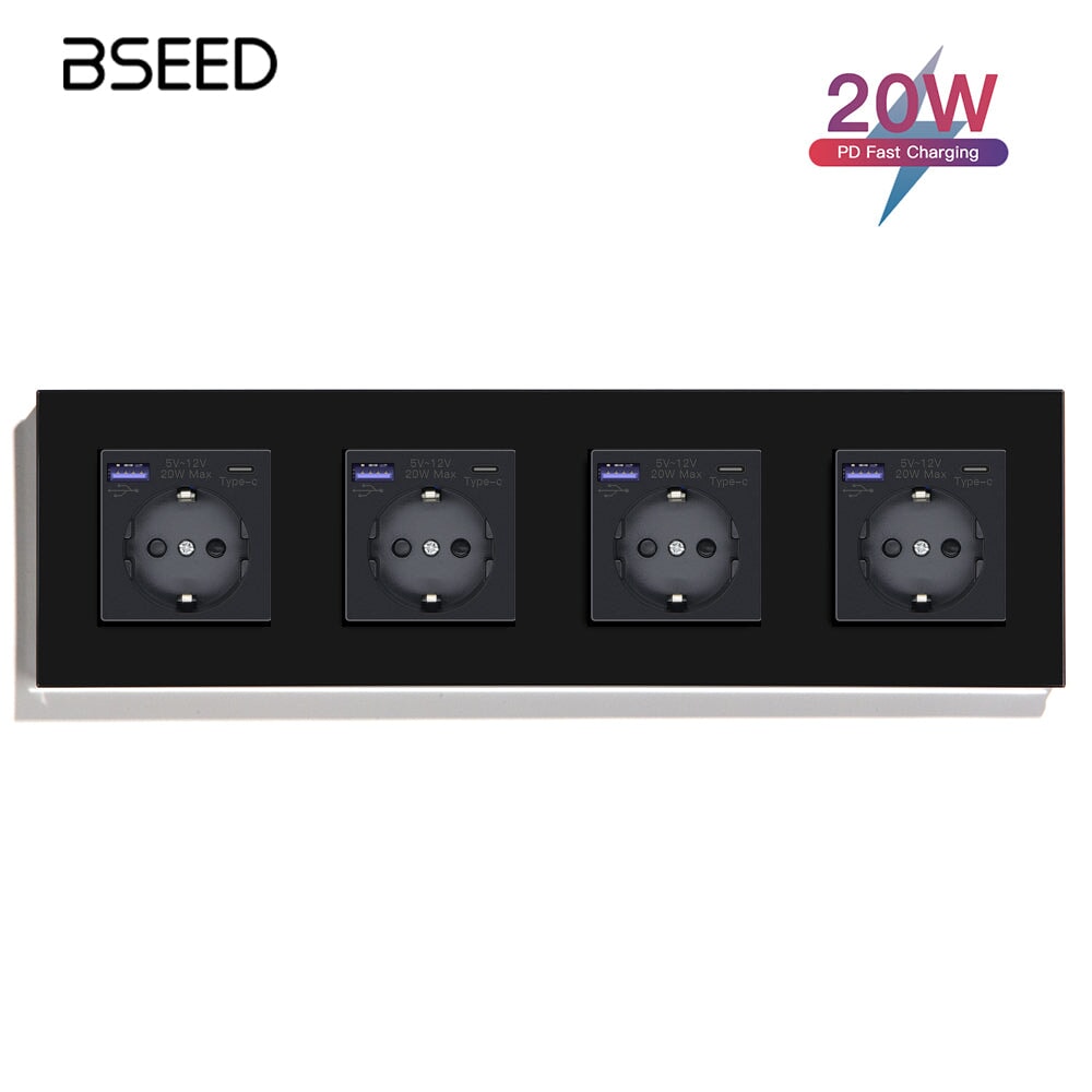BSEED EU sockets with 20W PD Fast Charge Type-C Interface Outlet Wall Socket Power Outlets & Sockets Bseedswitch Black Quadruple 