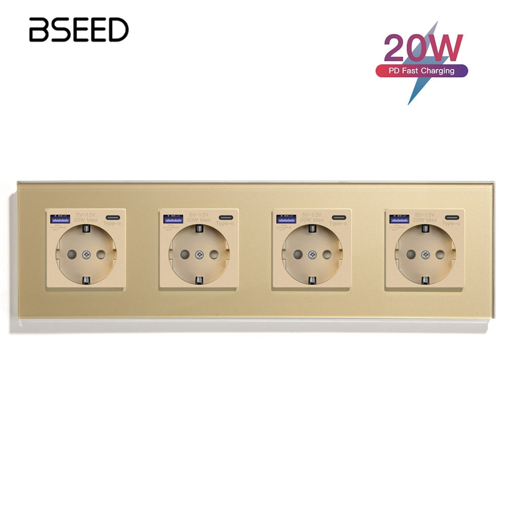 BSEED EU sockets with 20W PD Fast Charge Type-C Interface Outlet Wall Socket Power Outlets & Sockets Bseedswitch Golden Quadruple 