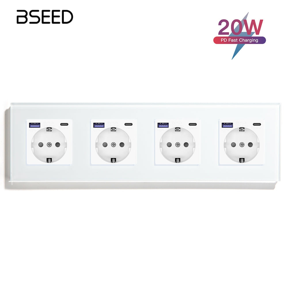 BSEED EU sockets with 20W PD Fast Charge Type-C Interface Outlet Wall Socket Power Outlets & Sockets Bseedswitch White Quadruple 