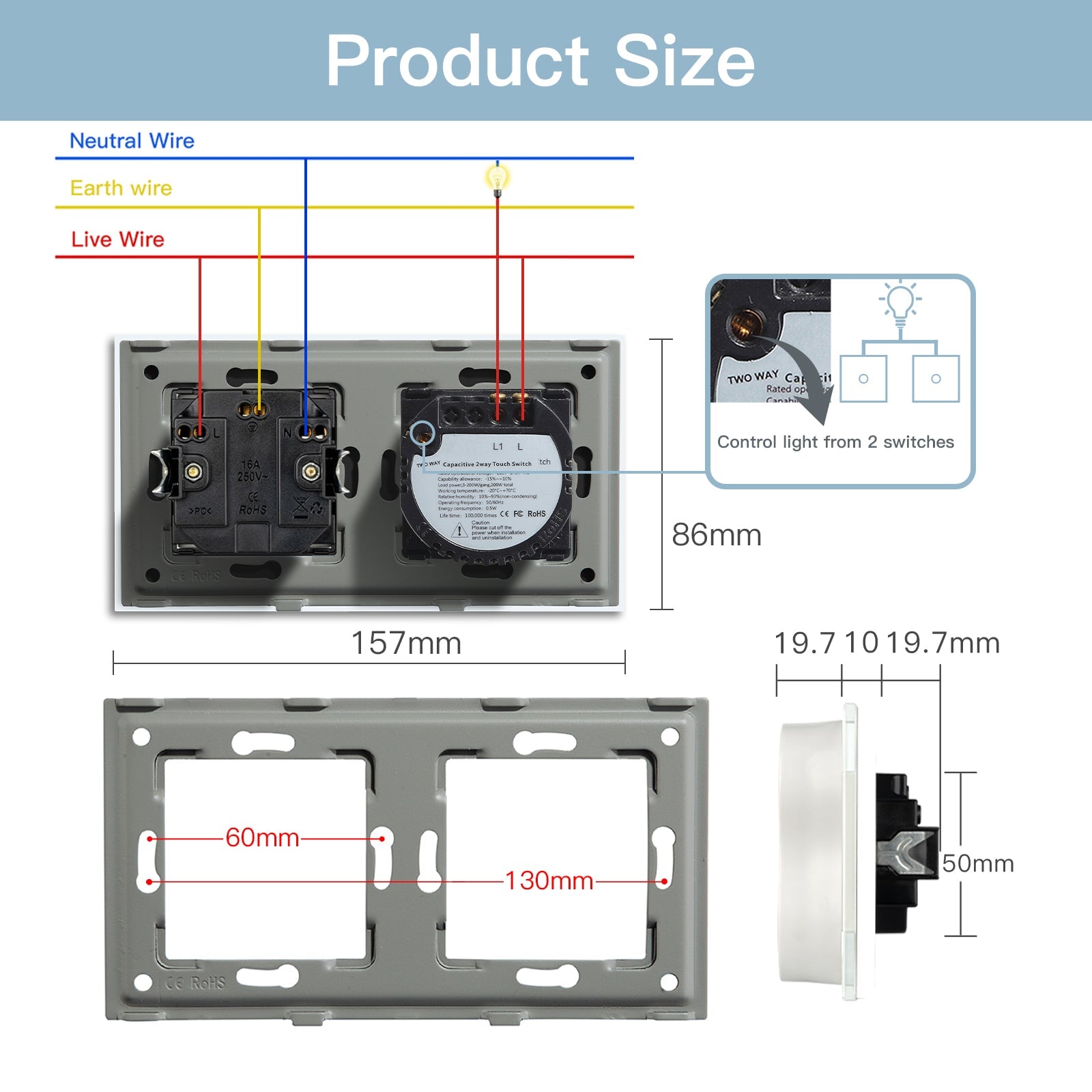 Bseed 1/2/3 Gang 1/2/3 Way Touch Light Switch with Double Eu Socket 300W Wall Plates & Covers Bseedswitch 