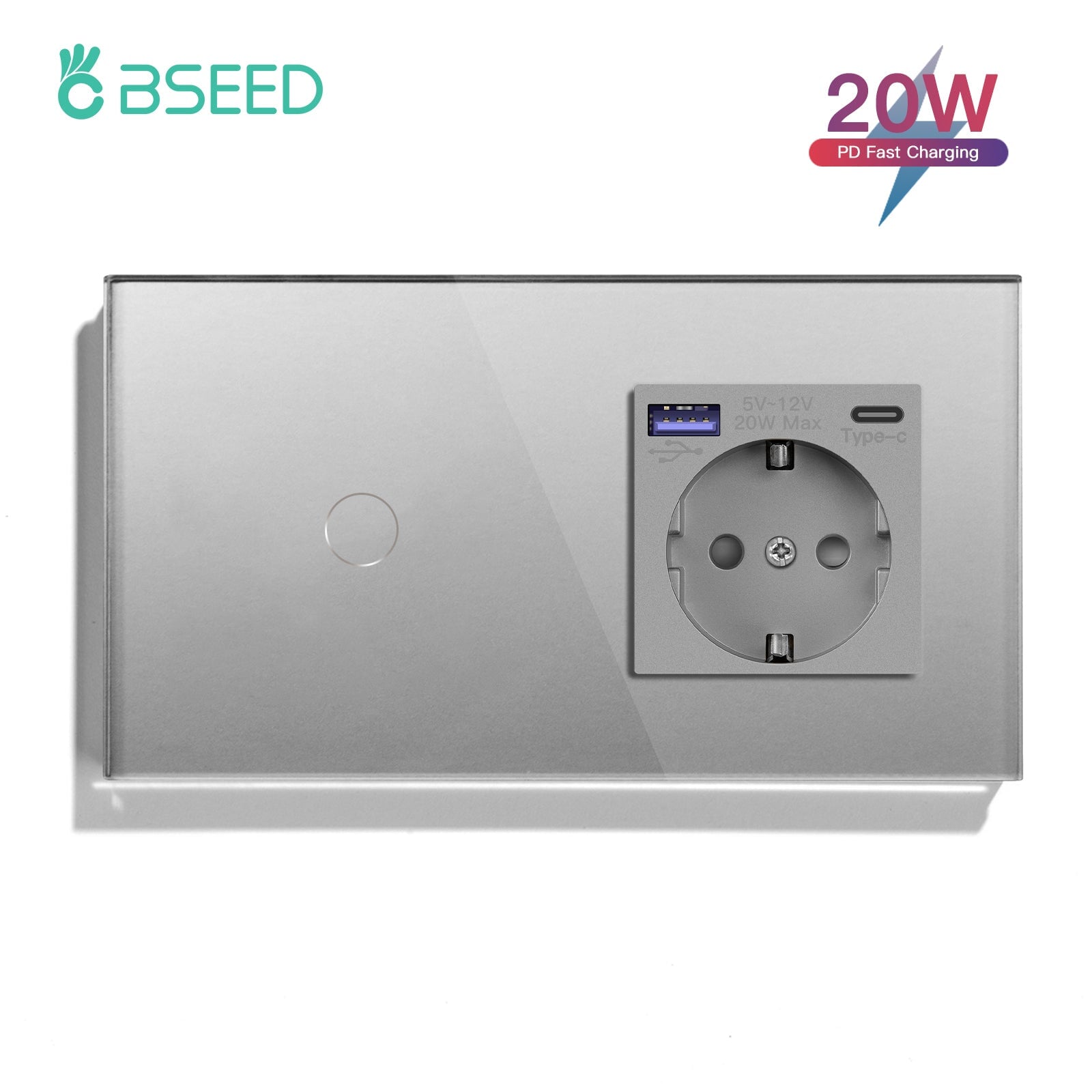 BSEED Light Switch With EU Socket With 20W Type-C Wall Socket Power Outlets & Sockets Bseedswitch Grey Touch Switch 1 Gang with Socket 1 Way