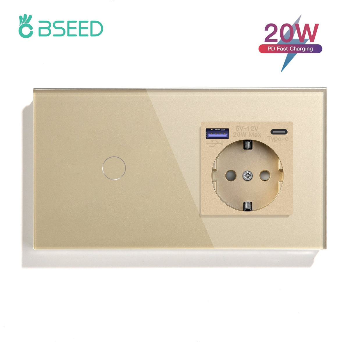 BSEED Light Switch With EU Socket With 20W Type-C Wall Socket Power Outlets & Sockets Bseedswitch Gold Touch Switch 1 Gang with Socket 1 Way