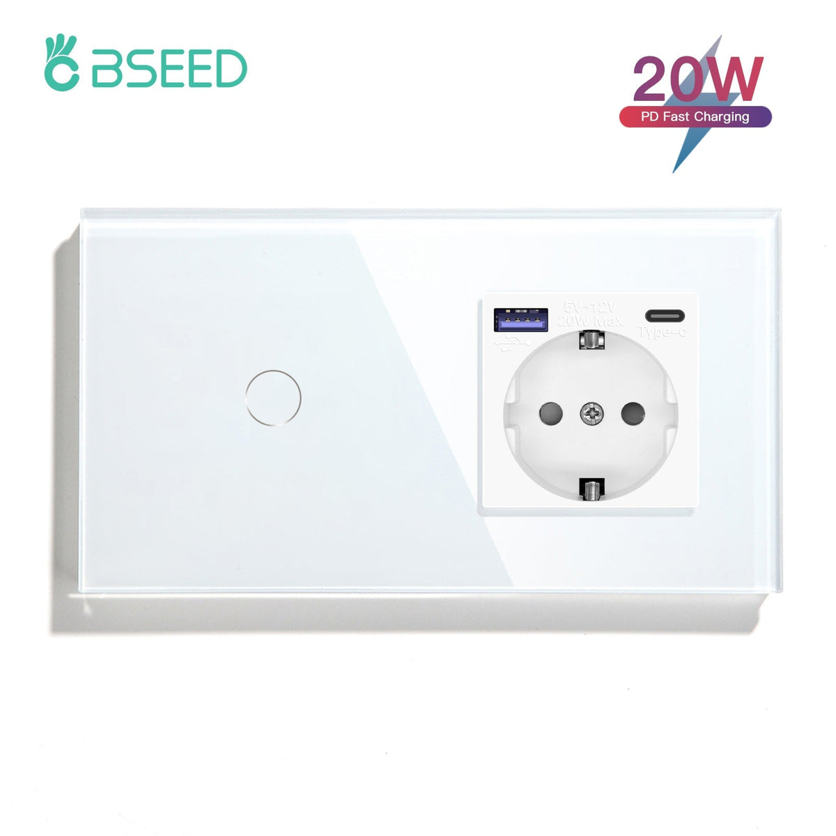 BSEED Light Switch With EU Socket With 20W Type-C Wall Socket Power Outlets & Sockets Bseedswitch White Touch Switch 1 Gang with Socket 1 Way