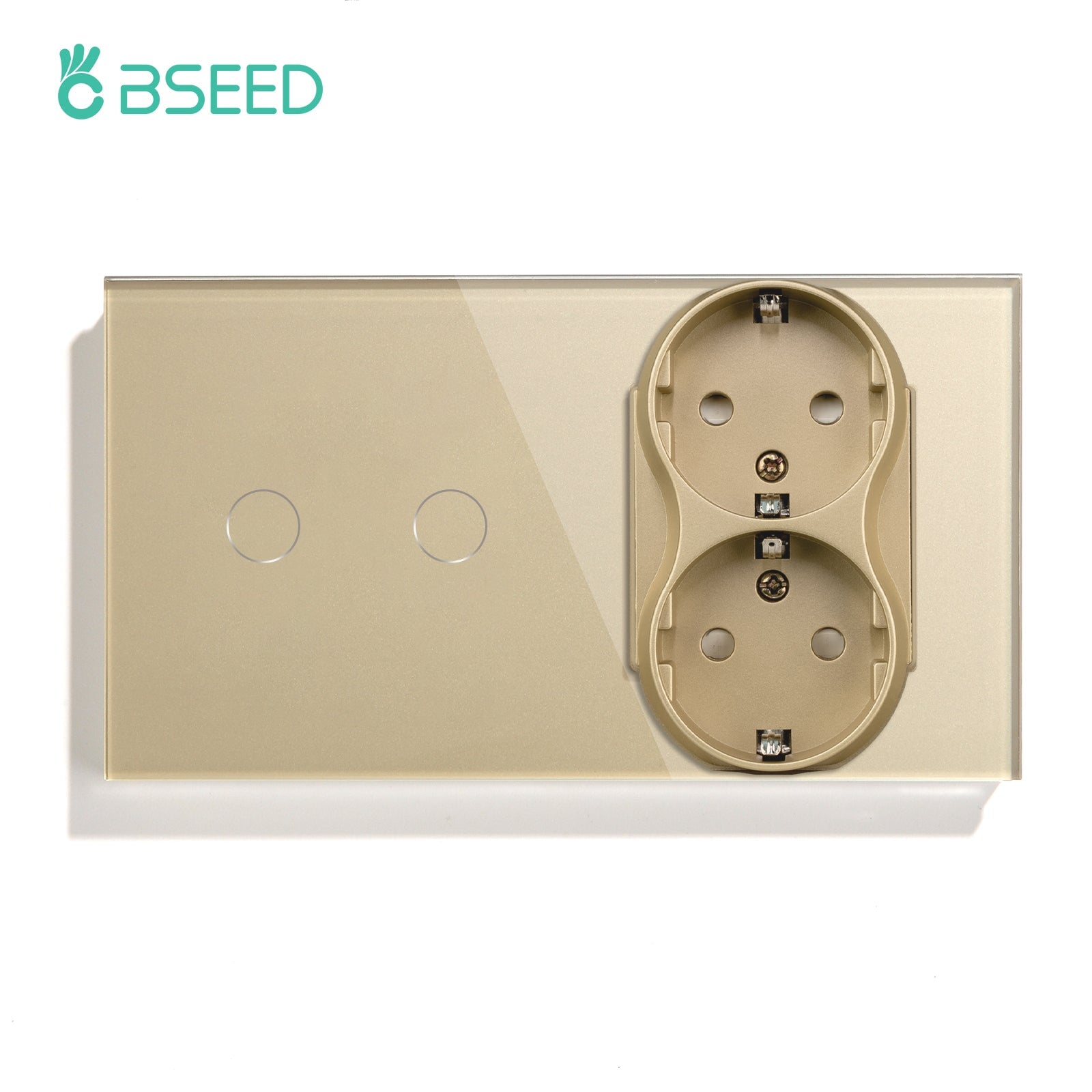 Bseed 1/2/3 Gang 1/2/3 Way Touch Light Switch with Double Eu Socket 300W Wall Plates & Covers Bseedswitch Golden 2 Gang 1 Way