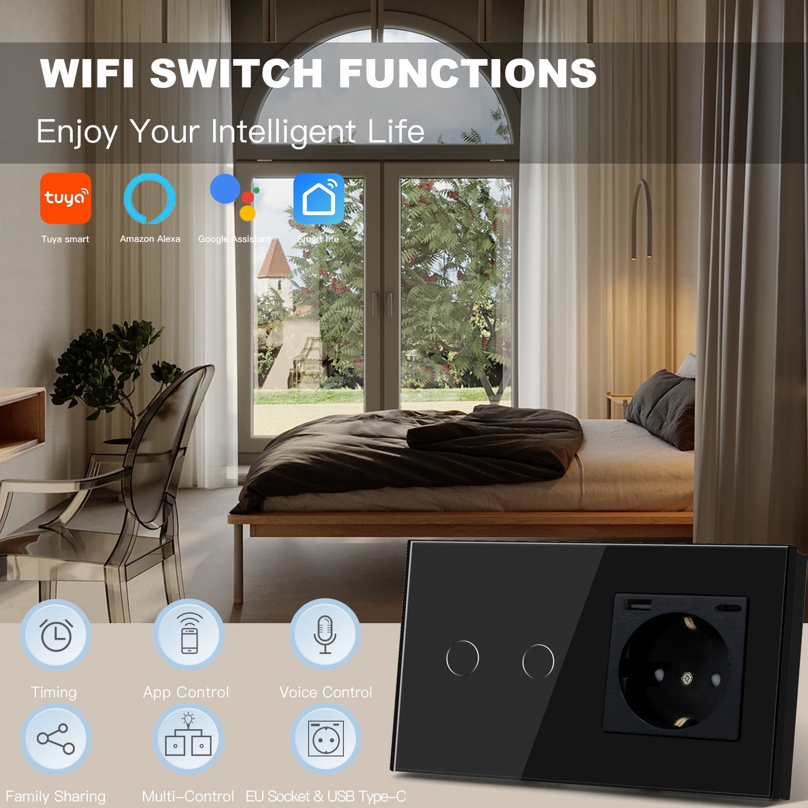 BSEED 1/2/3 Gang Wifi Light Switch Plus EU Wall USB Socket fast charge Type-c Light Switches Bseedswitch 