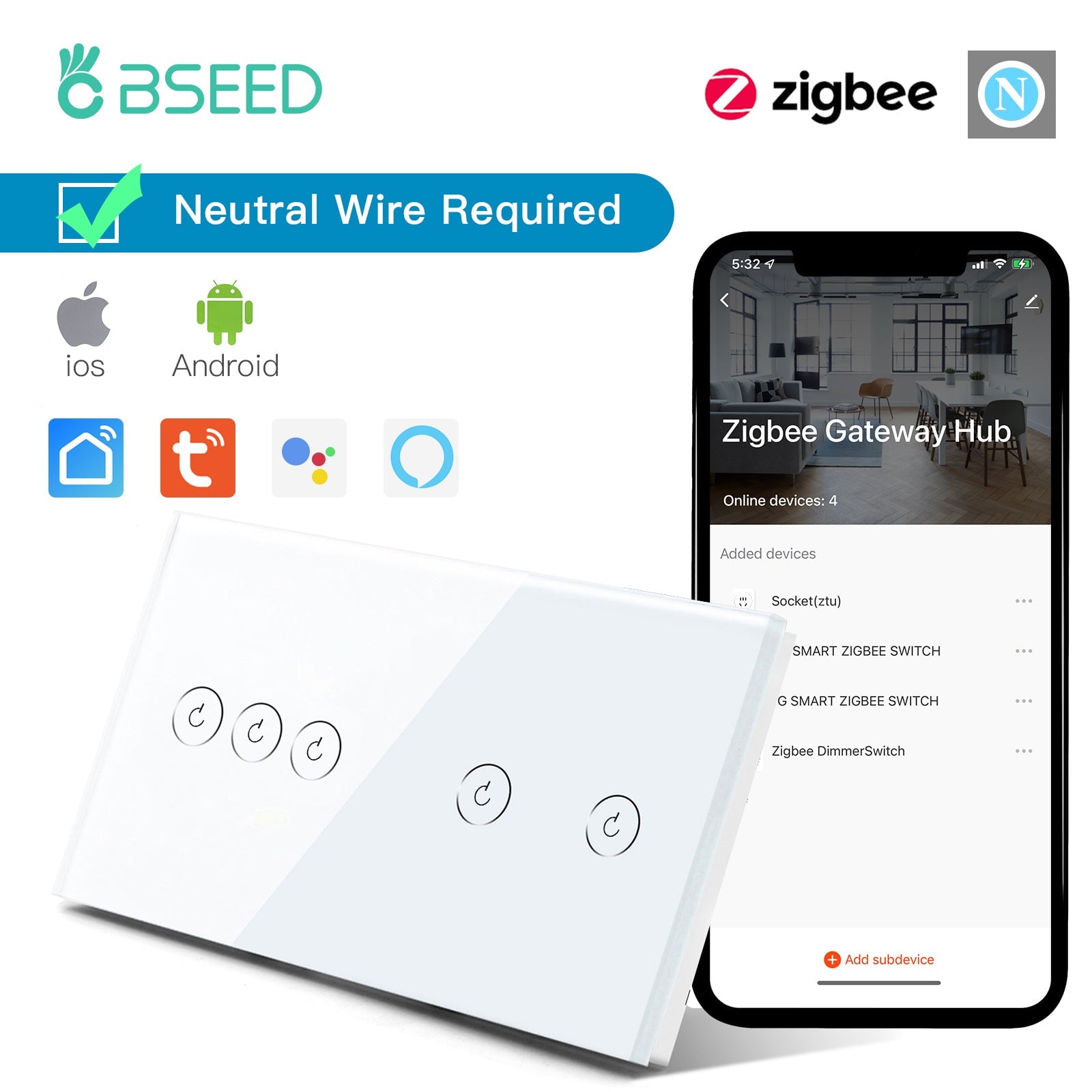 Bseed New Panel Double 1/2/3 Gang 1/2/3 Way Smart ZigBee Switch Light Switches Bseedswitch 