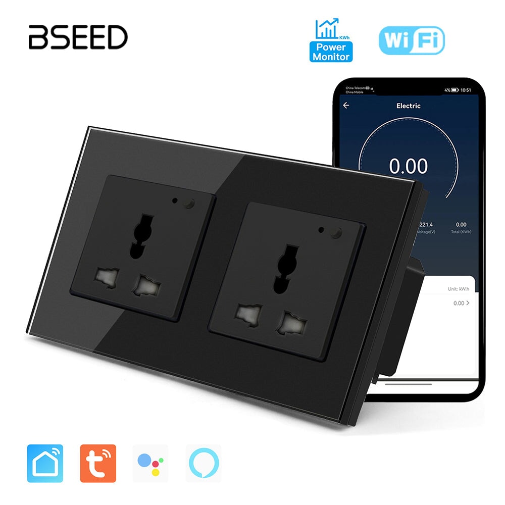 BSEED Smart WiFi Multi-Function Wall Sockets with Energy monitoring Bseedswitch Black Double 