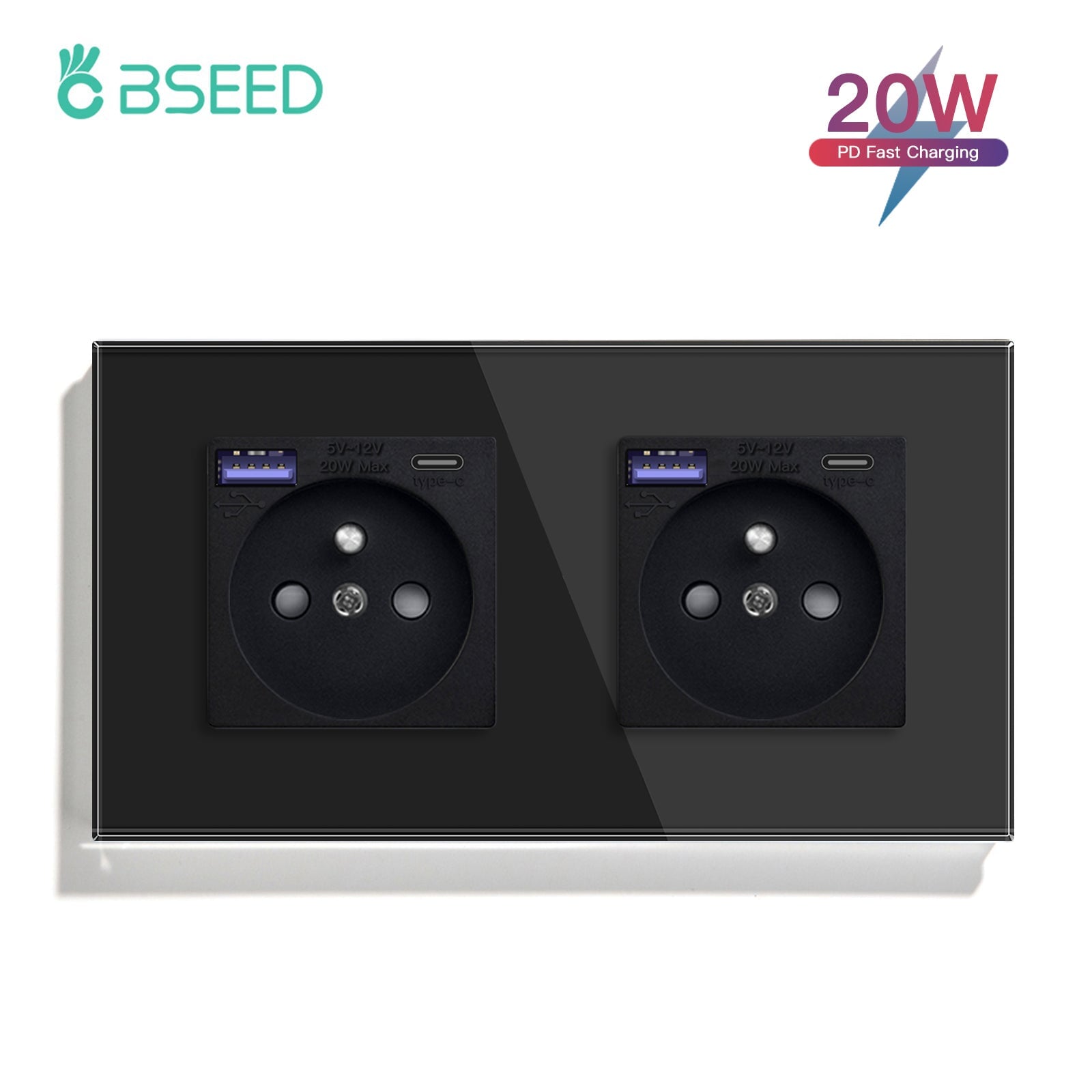 BSEED FR sockets with 20W PD Fast Charge Type-C Interface Outlet Wall Socket Power Outlets & Sockets Bseedswitch Black Double 