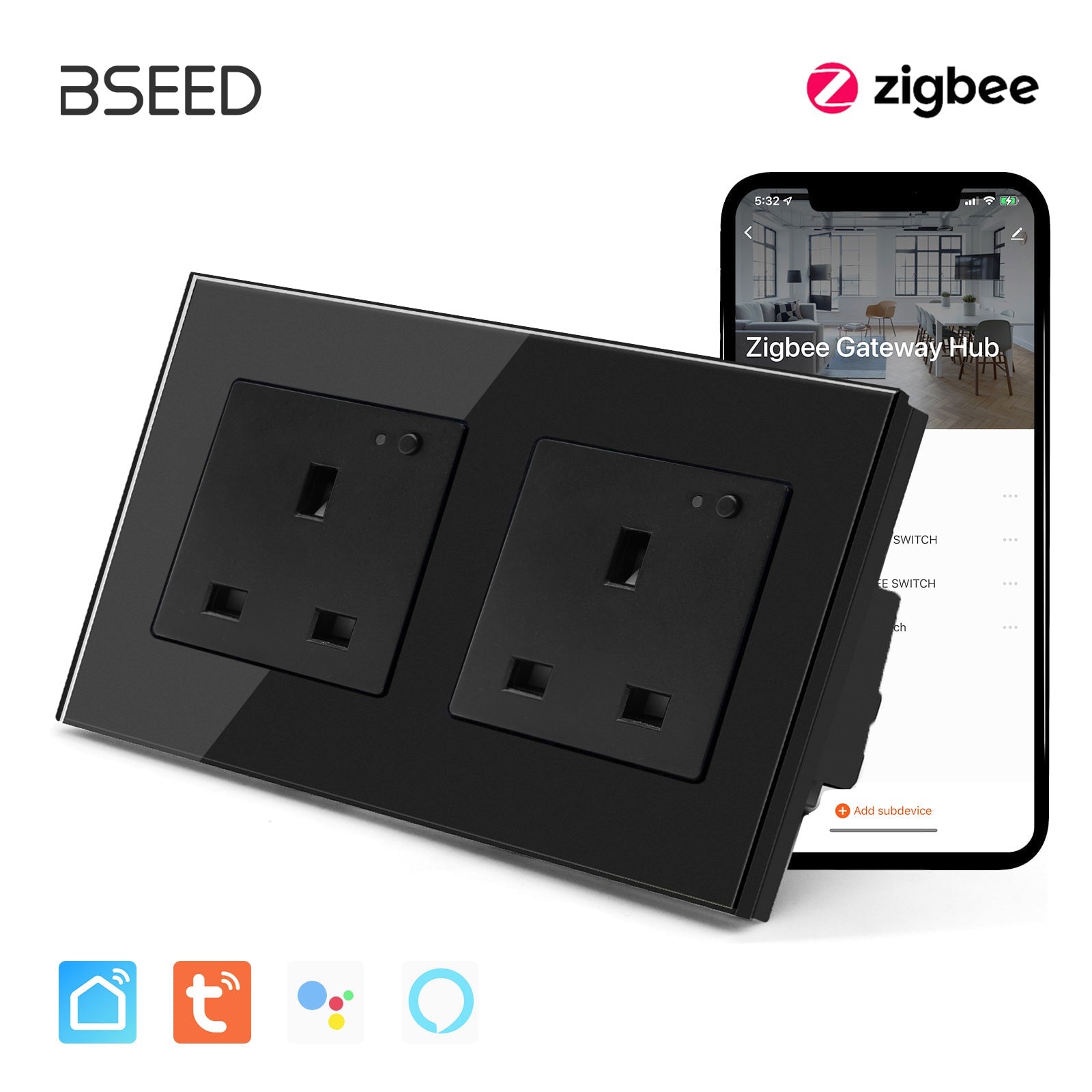 BSEED ZigBee UK Wall Sockets Power Outlets Kids Protection Wall Plates & Covers Bseedswitch black Double 