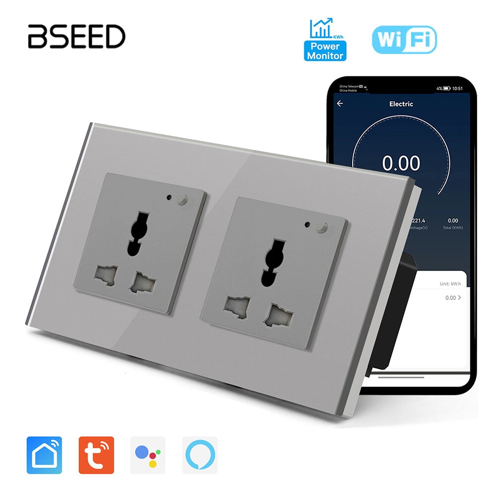 BSEED Smart WiFi Multi-Function Wall Sockets with Energy monitoring Bseedswitch Grey Double 