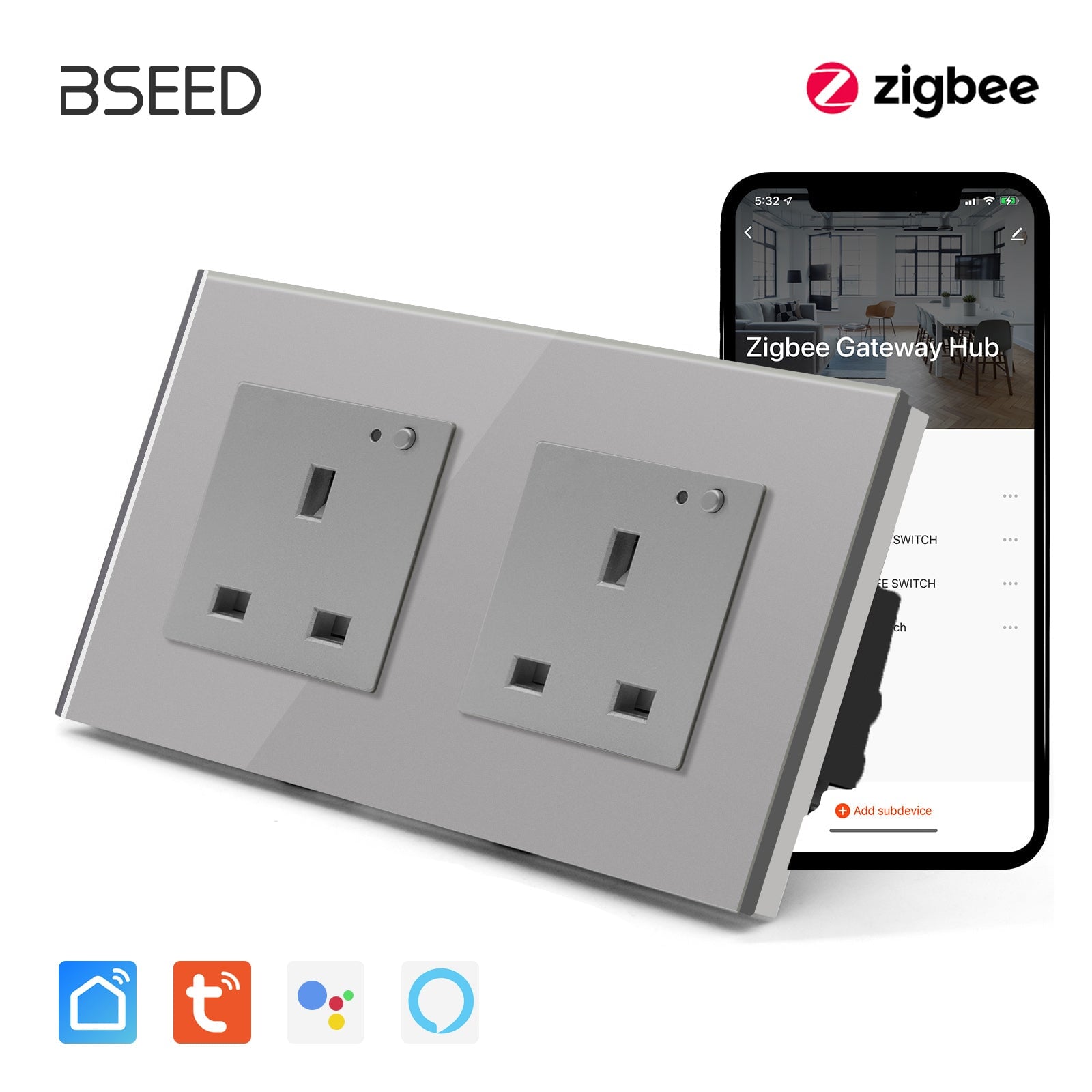 BSEED ZigBee UK Wall Sockets Power Outlets Kids Protection Wall Plates & Covers Bseedswitch grey Double 
