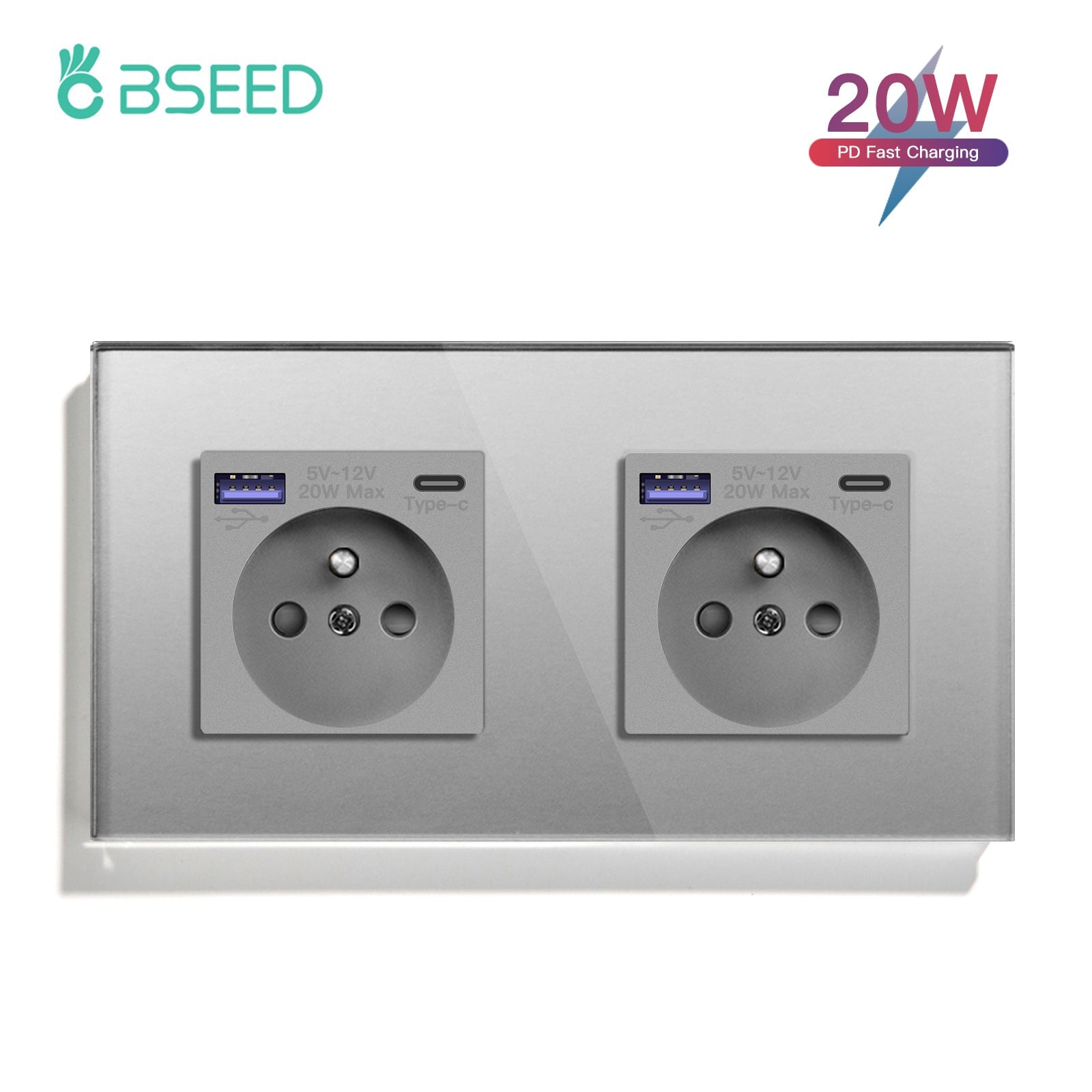 BSEED FR sockets with 20W PD Fast Charge Type-C Interface Outlet Wall Socket Power Outlets & Sockets Bseedswitch Grey Double 