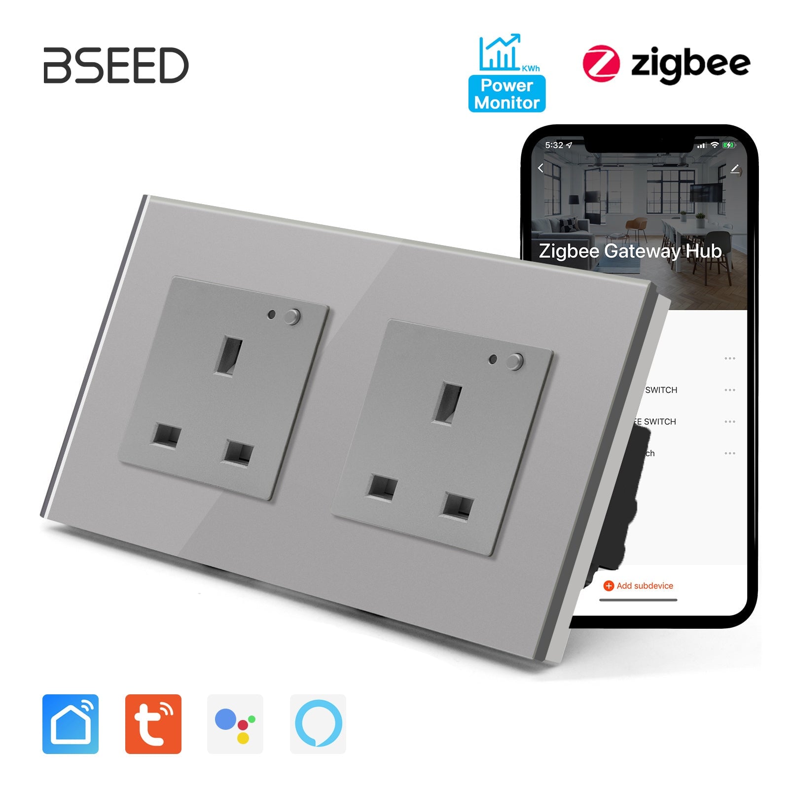 BSEED ZigBee UK Wall Sockets Power Outlets Kids Protection with metering Wall Plates & Covers Bseedswitch grey Double 