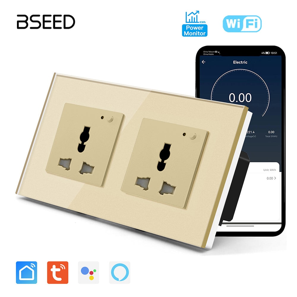 BSEED Smart WiFi Multi-Function Wall Sockets with Energy monitoring Bseedswitch Golden Double 