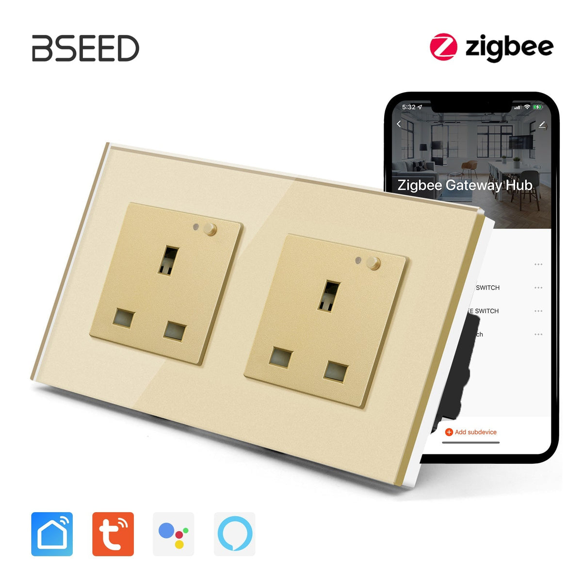 BSEED ZigBee UK Wall Sockets Power Outlets Kids Protection Wall Plates & Covers Bseedswitch golden Double 