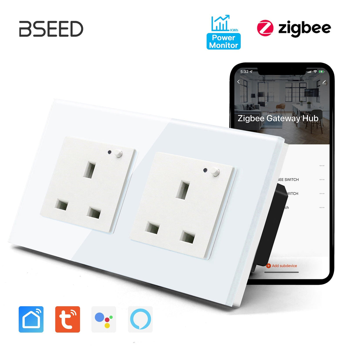 BSEED ZigBee UK Wall Sockets Power Outlets Kids Protection with metering Wall Plates & Covers Bseedswitch white Double 