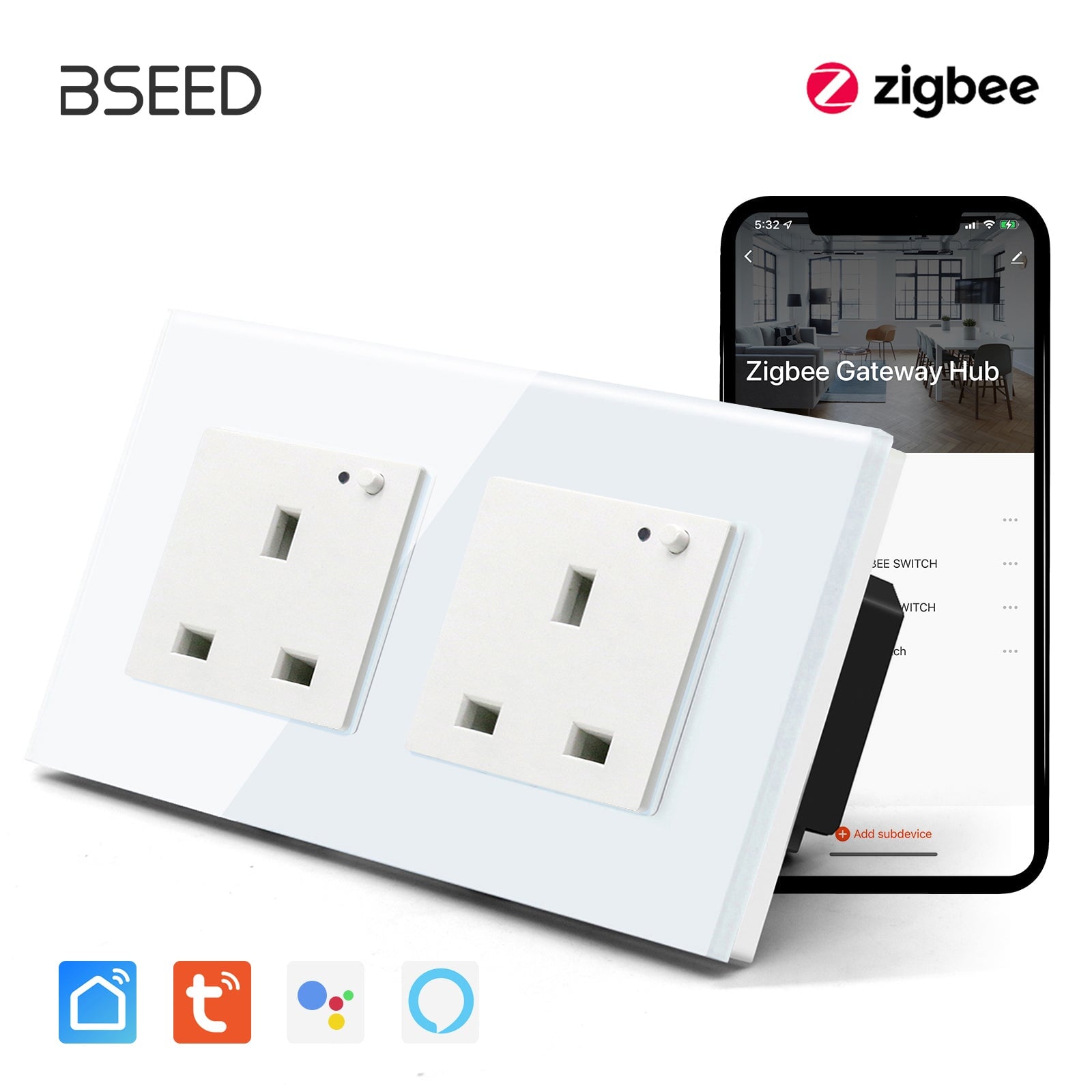 BSEED ZigBee UK Wall Sockets Power Outlets Kids Protection Wall Plates & Covers Bseedswitch white Double 