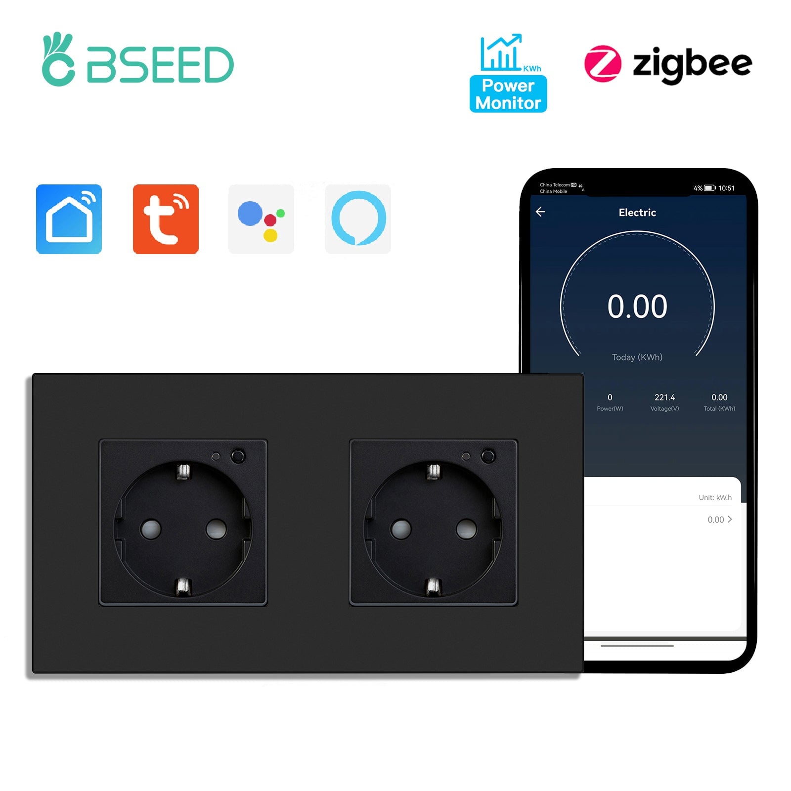 BSEED ZigBee EU Wall Sockets With Energy Monitoring PC Panel with Kids Protection Wall Plates & Covers Bseedswitch black Double 