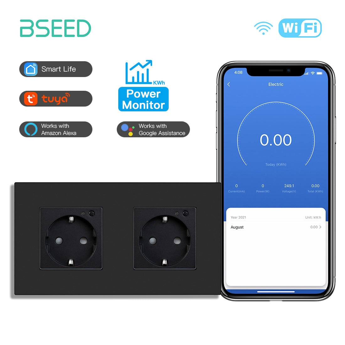 Bseed Wifi EU Wall Sockets With Energy Monitoring PC Panel Power Outlets & Sockets Bseedswitch Black Double 