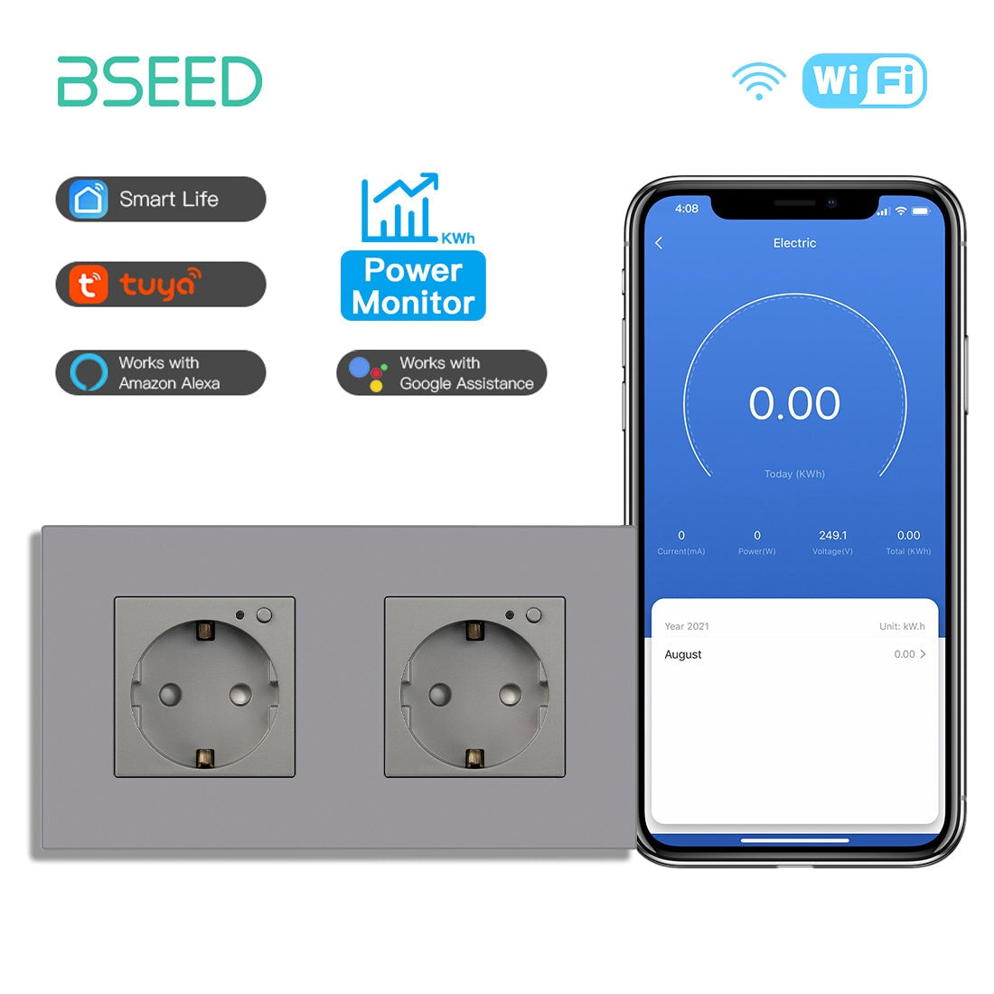 Bseed Wifi EU Wall Sockets With Energy Monitoring PC Panel Power Outlets & Sockets Bseedswitch Grey Double 