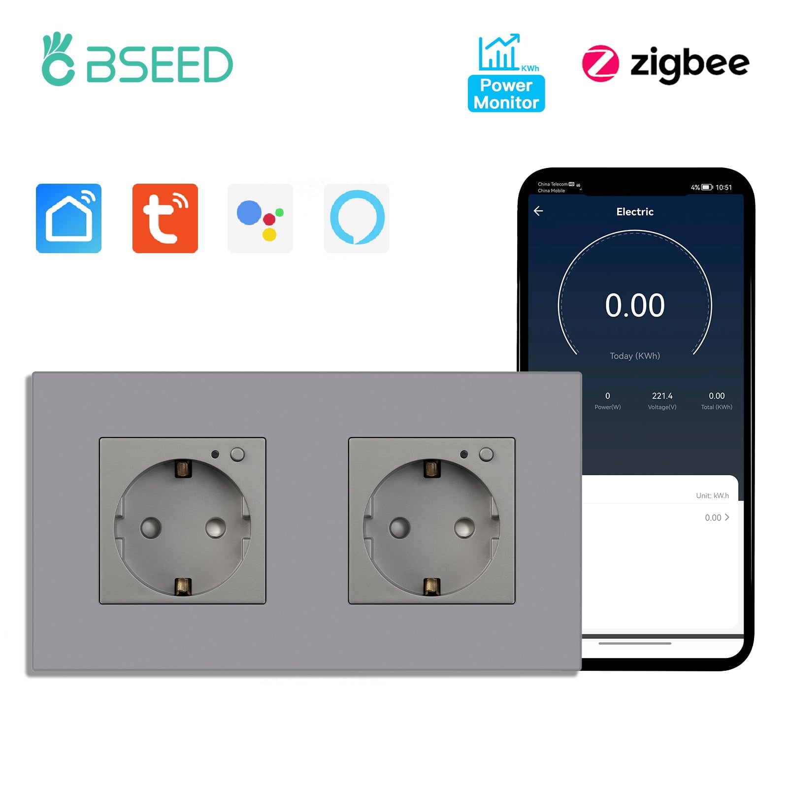 BSEED ZigBee EU Wall Sockets With Energy Monitoring PC Panel with Kids Protection Wall Plates & Covers Bseedswitch grey Double 