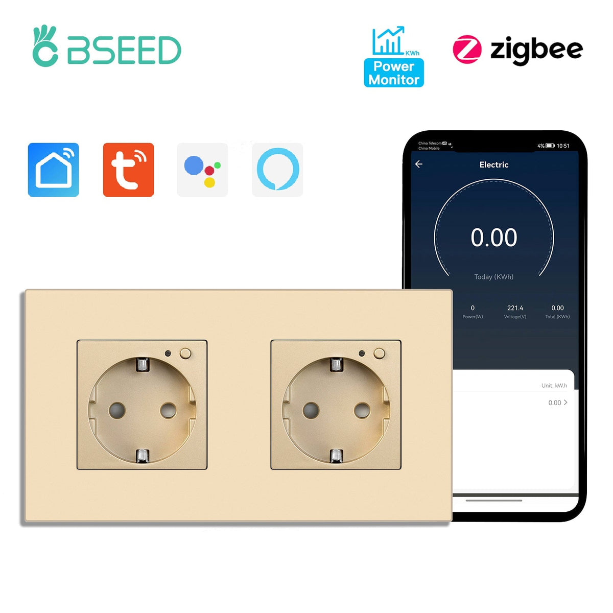 BSEED ZigBee EU Wall Sockets With Energy Monitoring PC Panel with Kids Protection Wall Plates & Covers Bseedswitch golden Double 