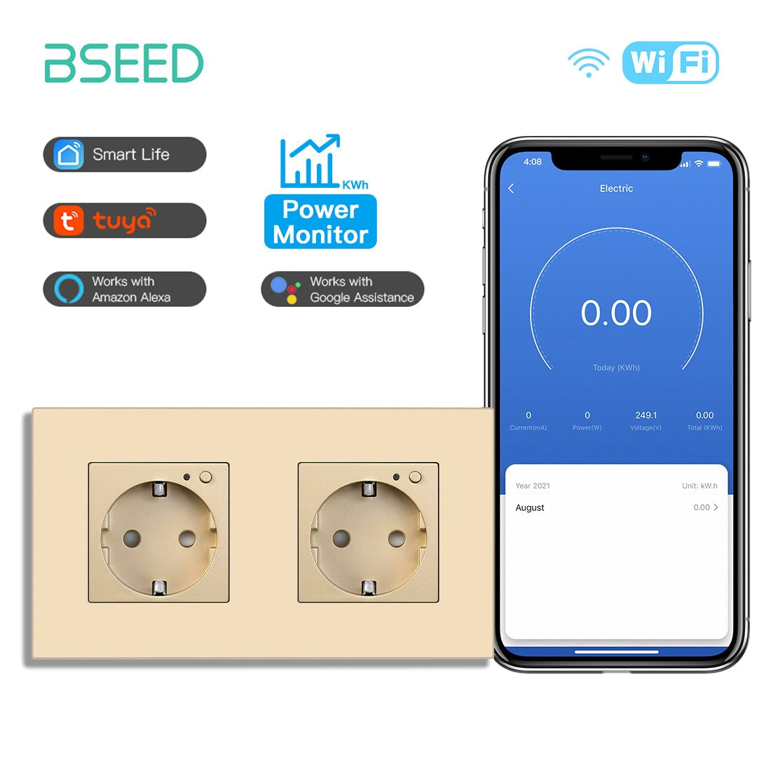 Bseed Wifi EU Wall Sockets With Energy Monitoring PC Panel Power Outlets & Sockets Bseedswitch Golden Double 