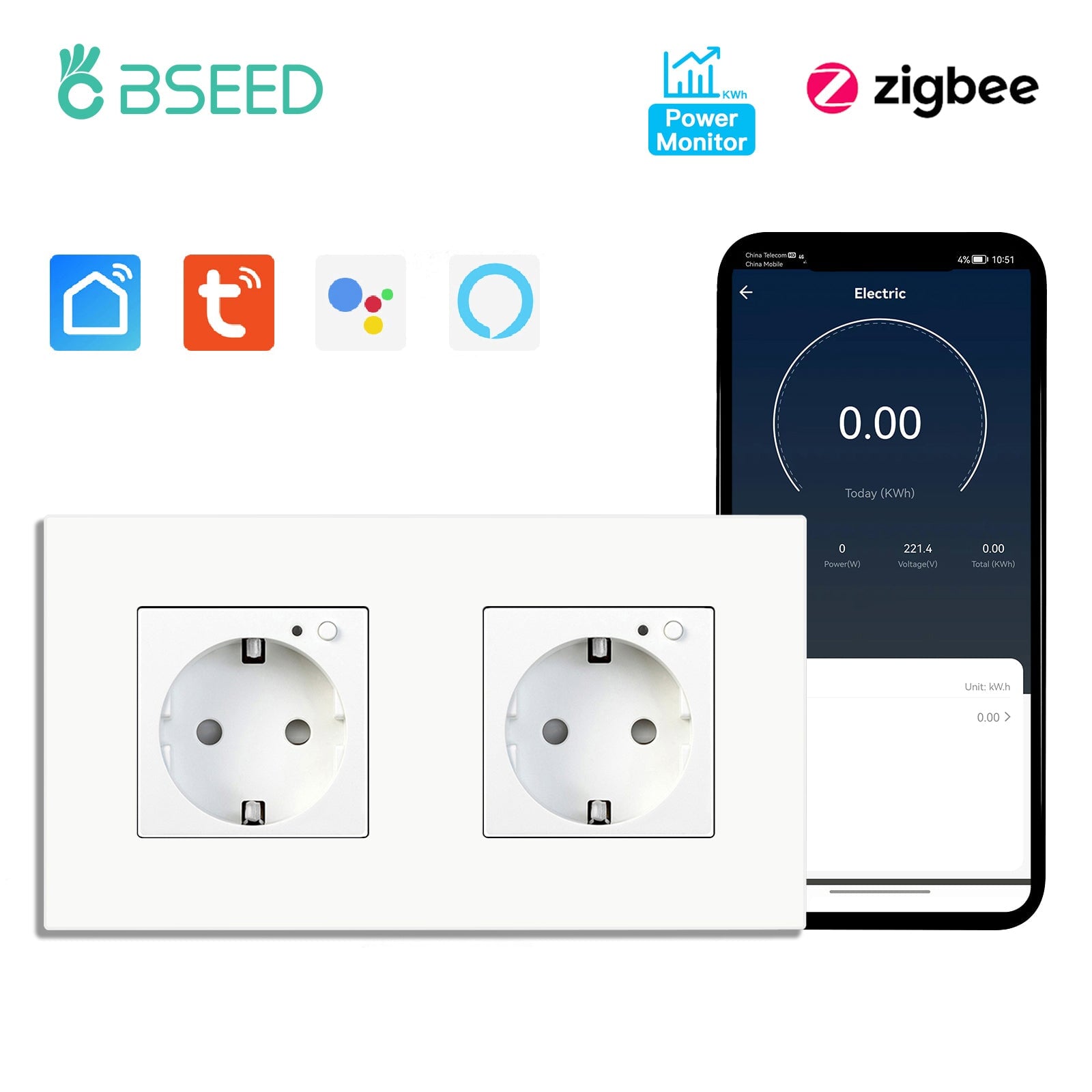 BSEED ZigBee EU Wall Sockets With Energy Monitoring PC Panel with Kids Protection Wall Plates & Covers Bseedswitch white Double 