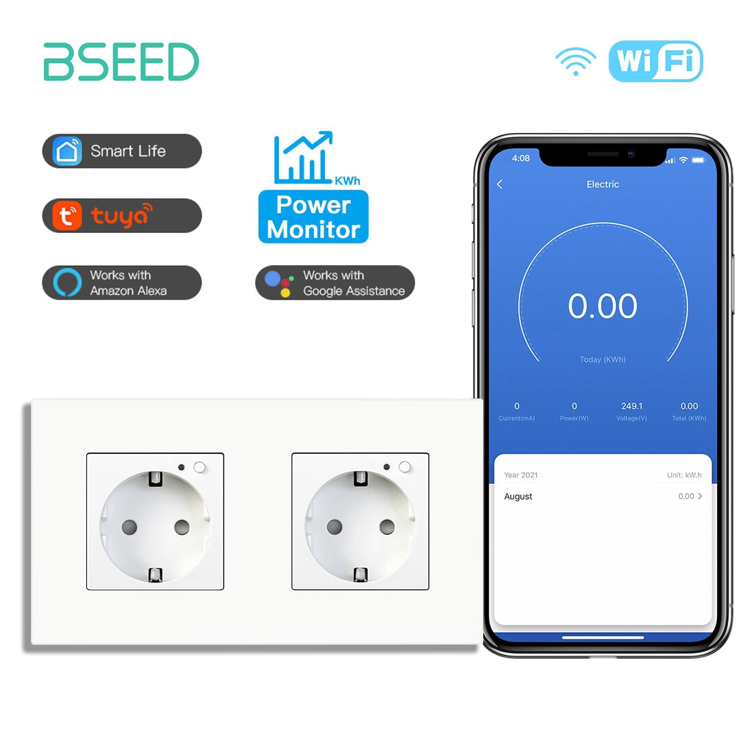 Bseed Wifi EU Wall Sockets With Energy Monitoring PC Panel Power Outlets & Sockets Bseedswitch White Double 