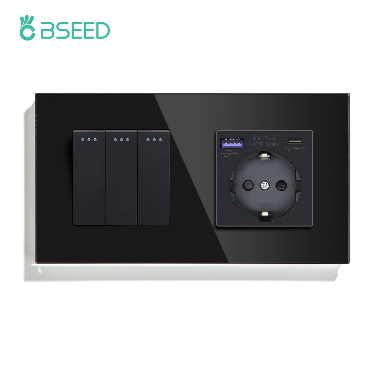 BSEED Mechanical 1/2/3 Gang 1/2Way Touch Light Switch With Normal Eu Socket with FAST charge typcs-c Power Outlets & Sockets Bseedswitch Black 3Gang 1Way