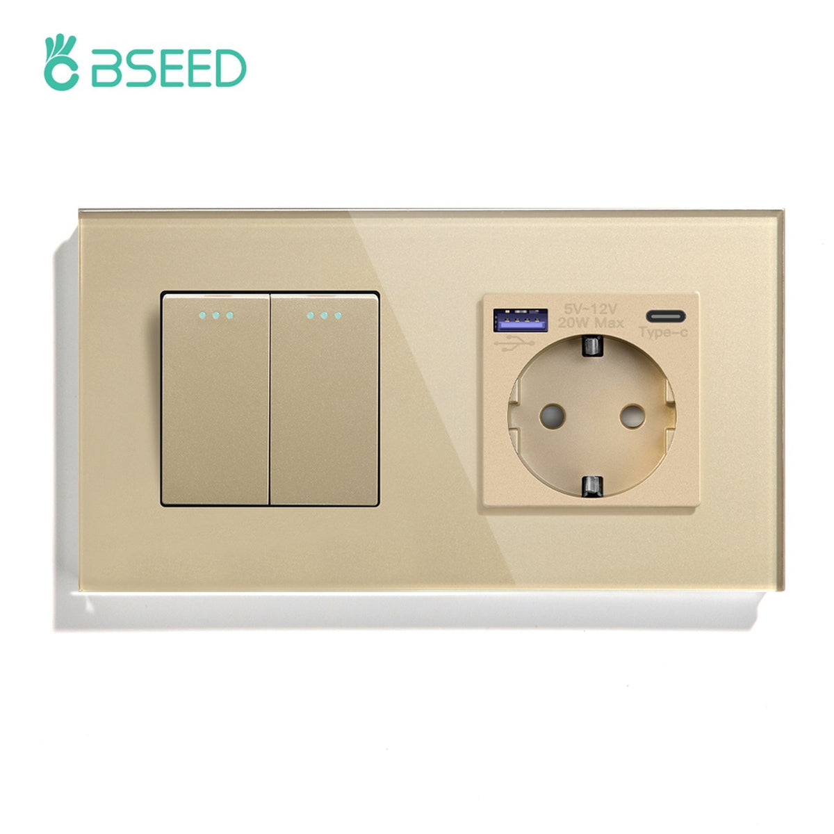 BSEED Mechanical 1/2/3 Gang 1/2Way Touch Light Switch With Normal Eu Socket with FAST charge typcs-c Power Outlets & Sockets Bseedswitch Golden 2Gang 1Way