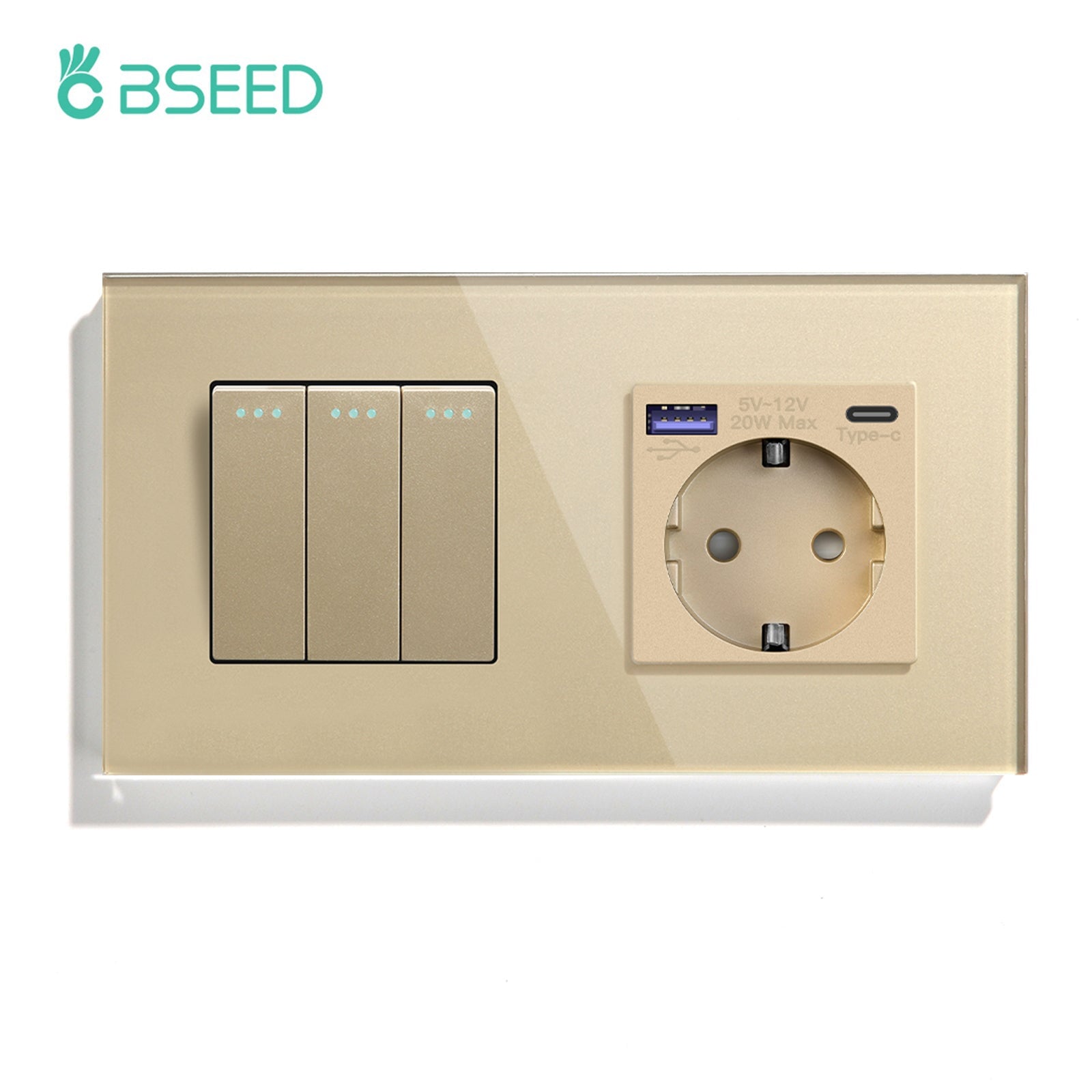 BSEED Mechanical 1/2/3 Gang 1/2Way Touch Light Switch With Normal Eu Socket with FAST charge typcs-c Power Outlets & Sockets Bseedswitch Golden 3Gang 1Way