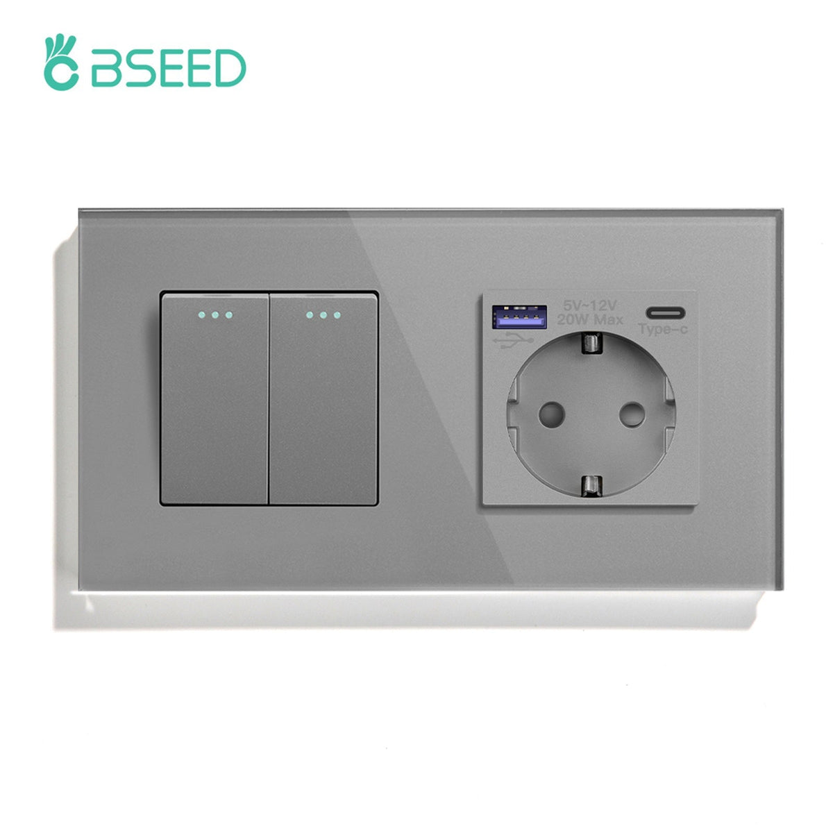 BSEED Mechanical 1/2/3 Gang 1/2Way Touch Light Switch With Normal Eu Socket with FAST charge typcs-c Power Outlets & Sockets Bseedswitch Grey 2Gang 1Way