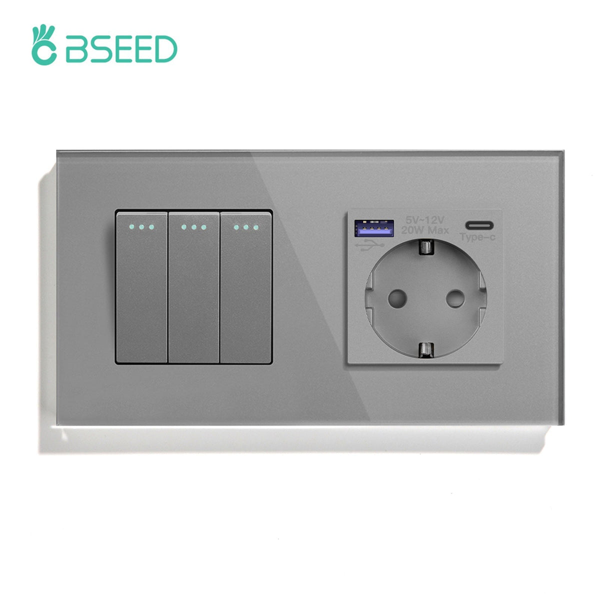 BSEED Mechanical 1/2/3 Gang 1/2Way Touch Light Switch With Normal Eu Socket with FAST charge typcs-c Power Outlets & Sockets Bseedswitch Grey 3Gang 1Way