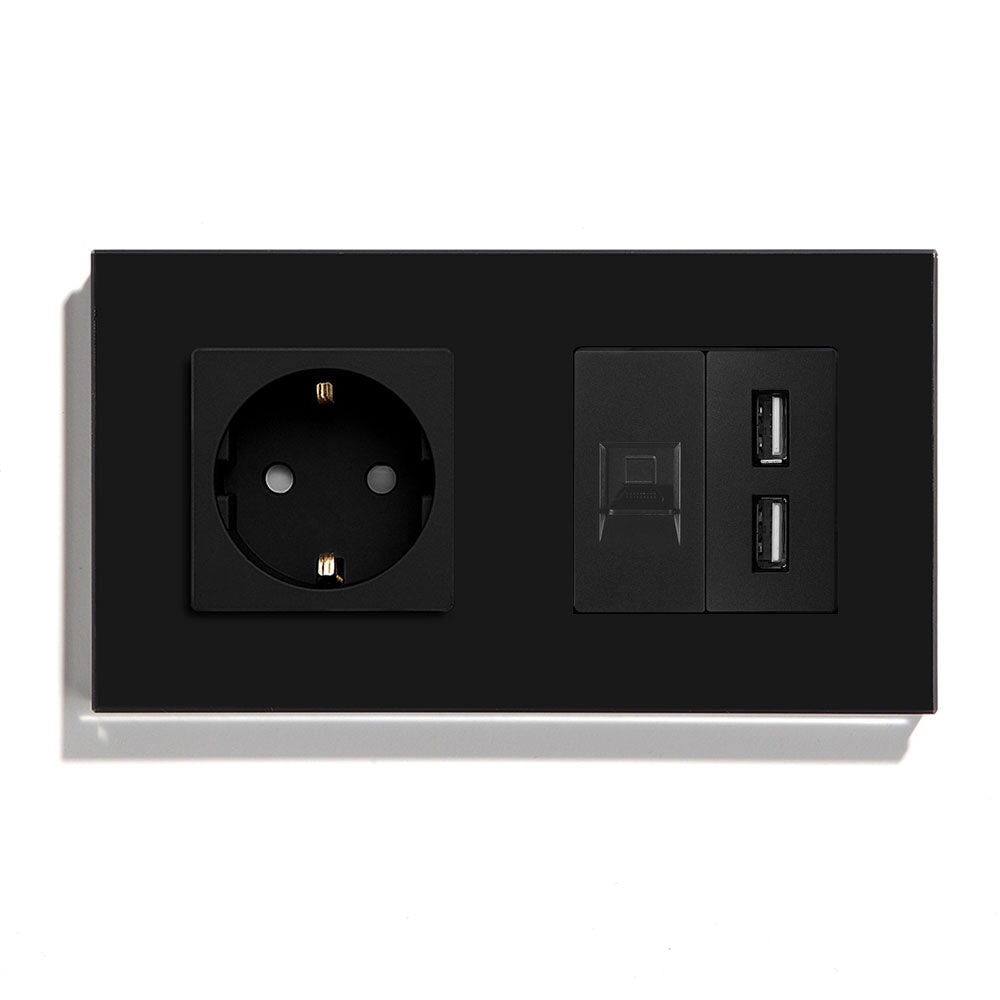 BSEED EU Socket With CAT5 And Double USB Power Outlets & Sockets Bseedswitch Black 157mm 