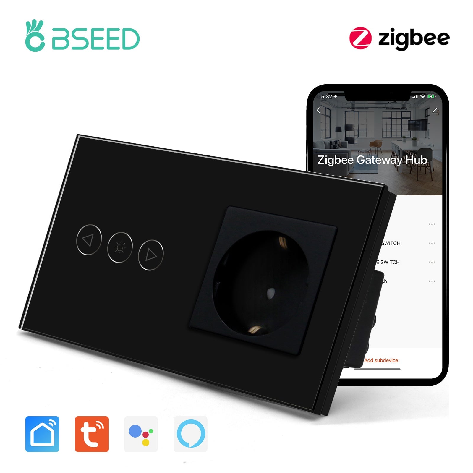 BSEED Zigbee Dimmer Switch With Zigbee Socket Glass Panel Light Switches Bseedswitch Black 