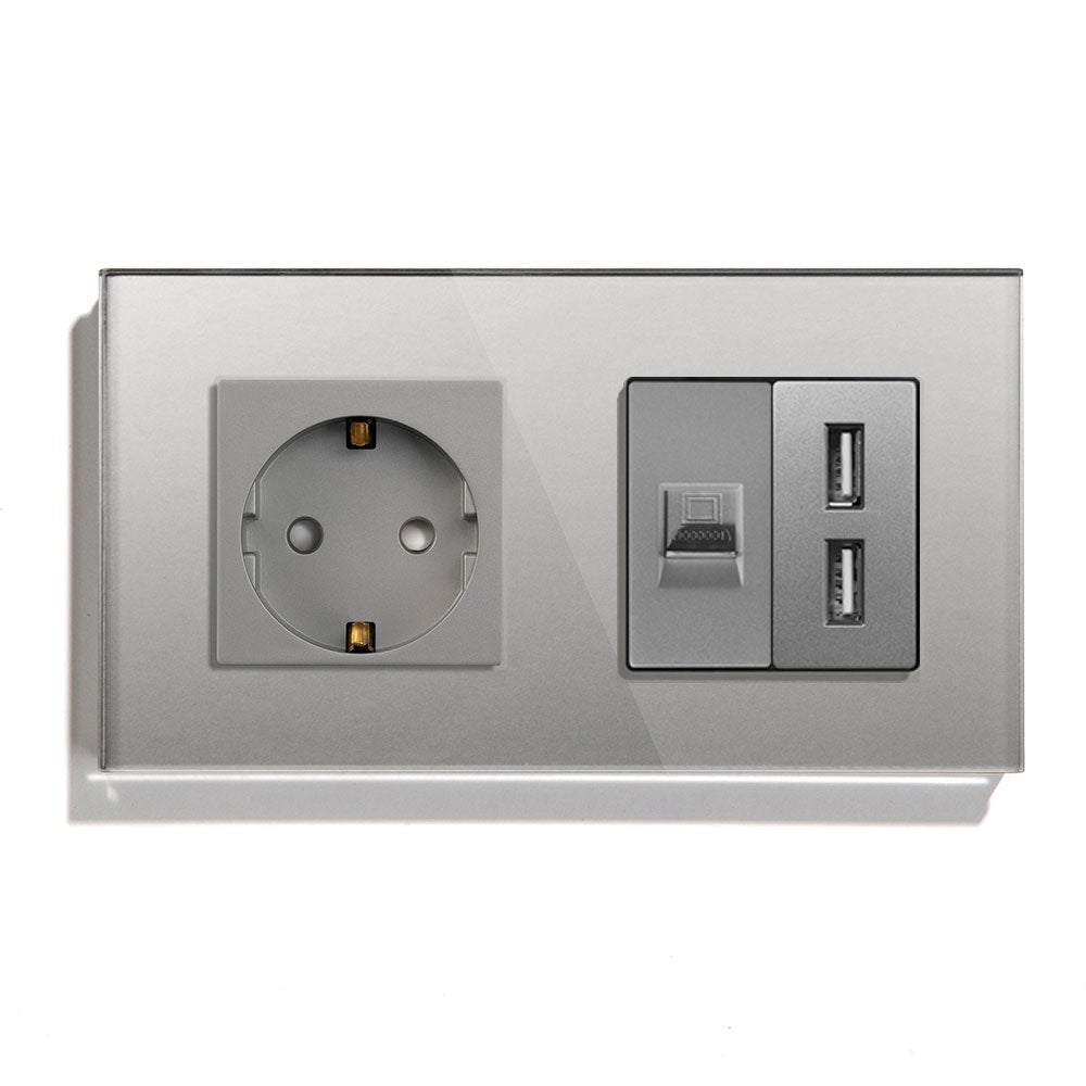 BSEED EU Socket With CAT5 And Double USB Power Outlets & Sockets Bseedswitch Grey 157mm 