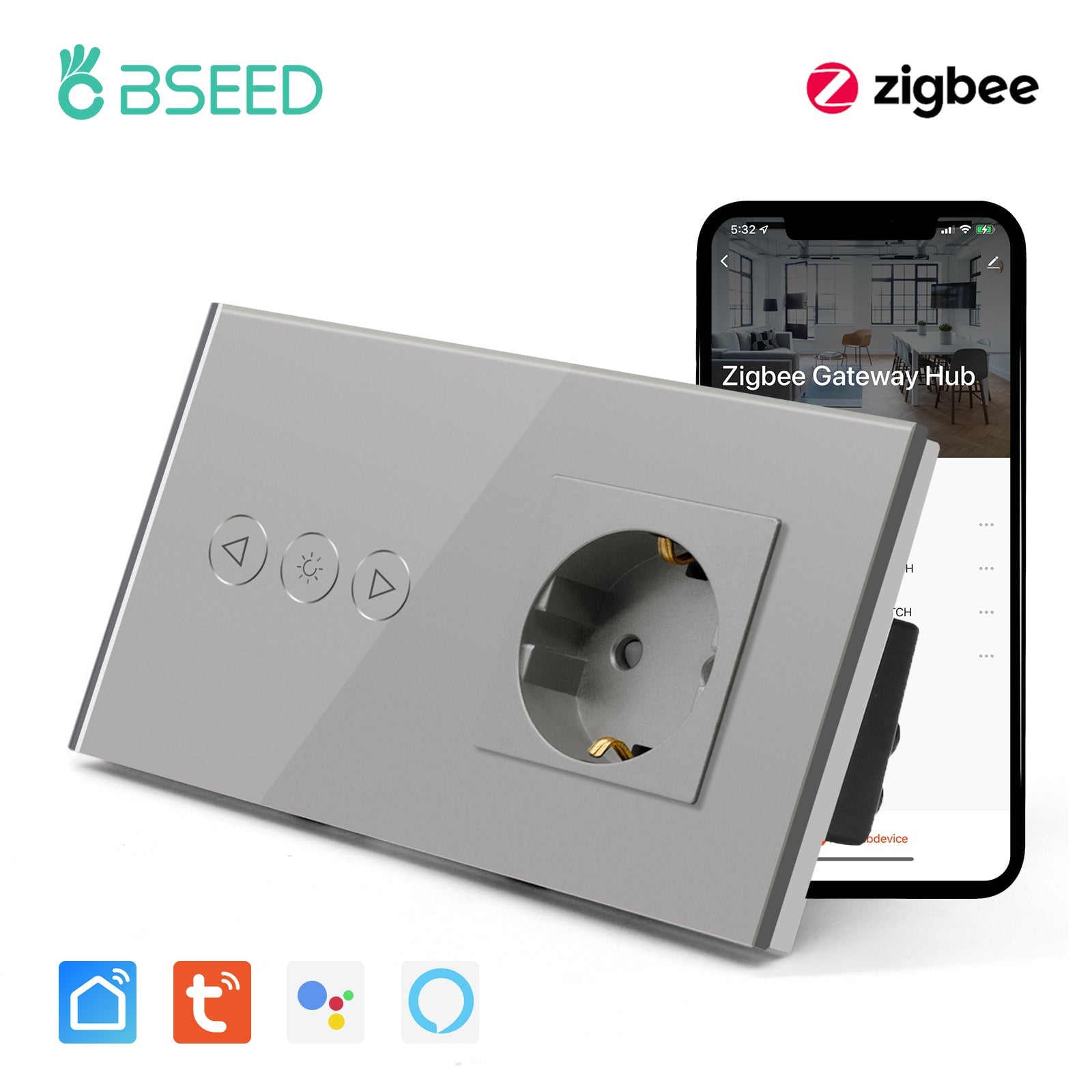 BSEED Zigbee Dimmer Switch With Zigbee Socket Glass Panel Light Switches Bseedswitch Grey 