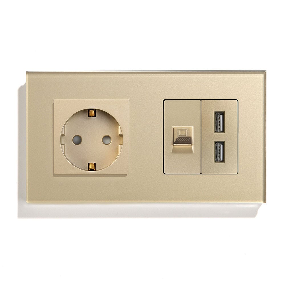 BSEED EU Socket With CAT5 And Double USB Power Outlets & Sockets Bseedswitch Gold 157mm 