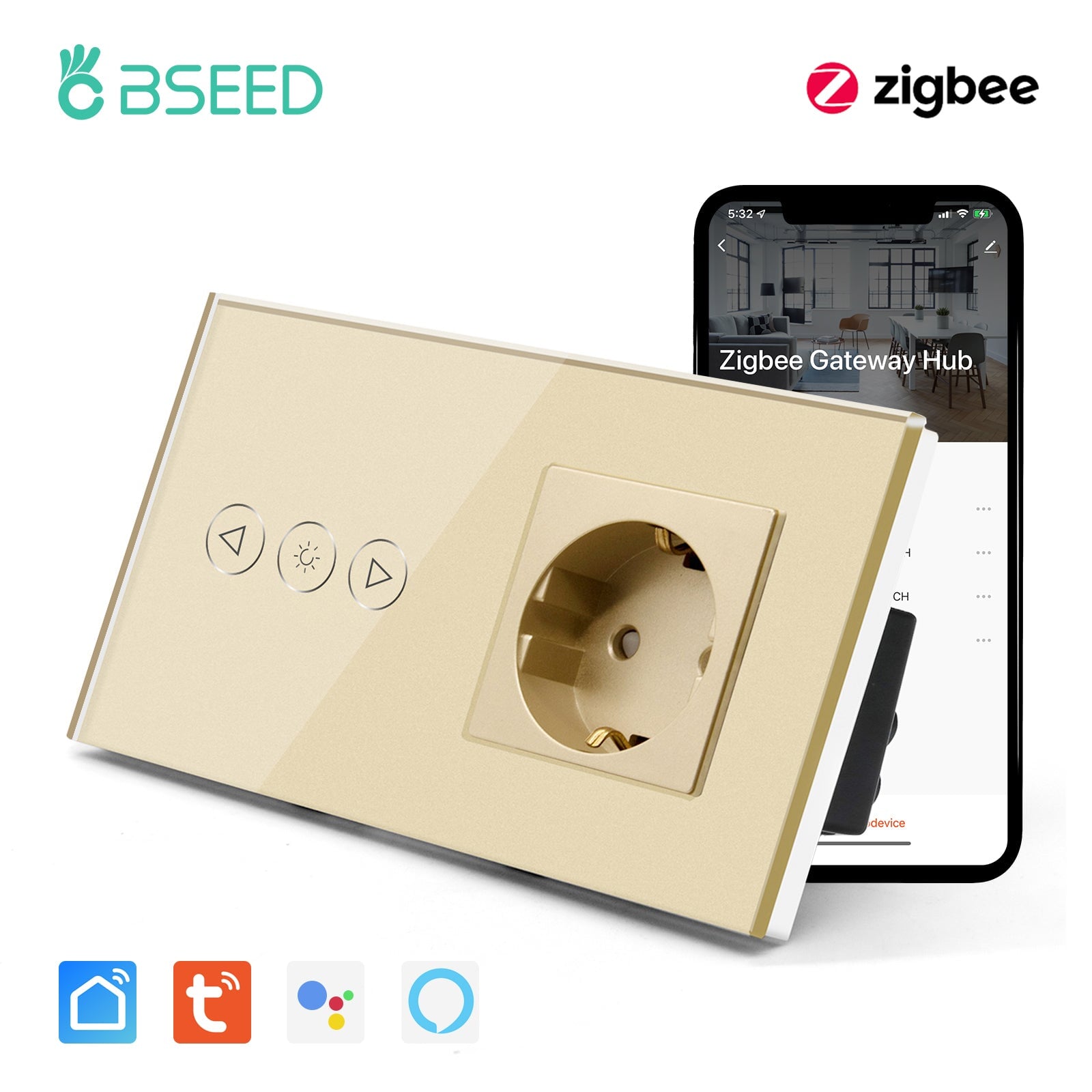 BSEED Zigbee Dimmer Switch With Zigbee Socket Glass Panel Light Switches Bseedswitch Golden 